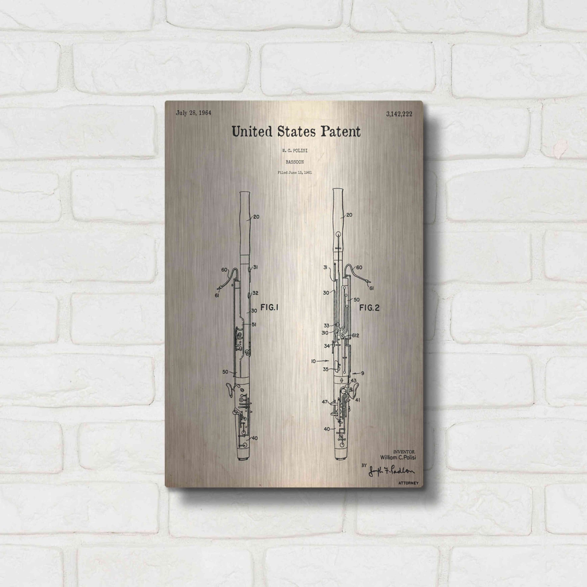 Luxe Metal Art 'Bassoon Blueprint Patent Parchment,' Metal Wall Art,12x16