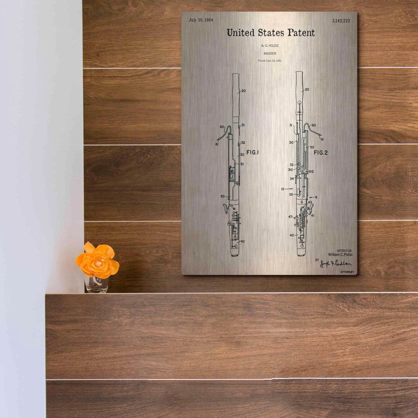 Luxe Metal Art 'Bassoon Blueprint Patent Parchment,' Metal Wall Art,12x16