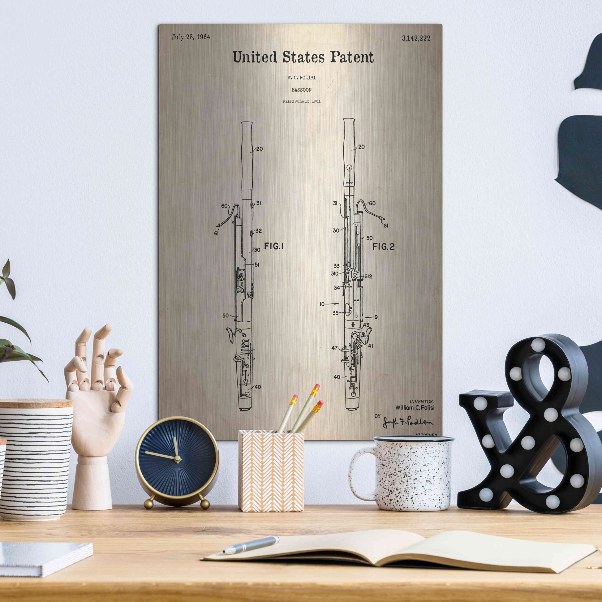 Luxe Metal Art 'Bassoon Blueprint Patent Parchment,' Metal Wall Art,12x16