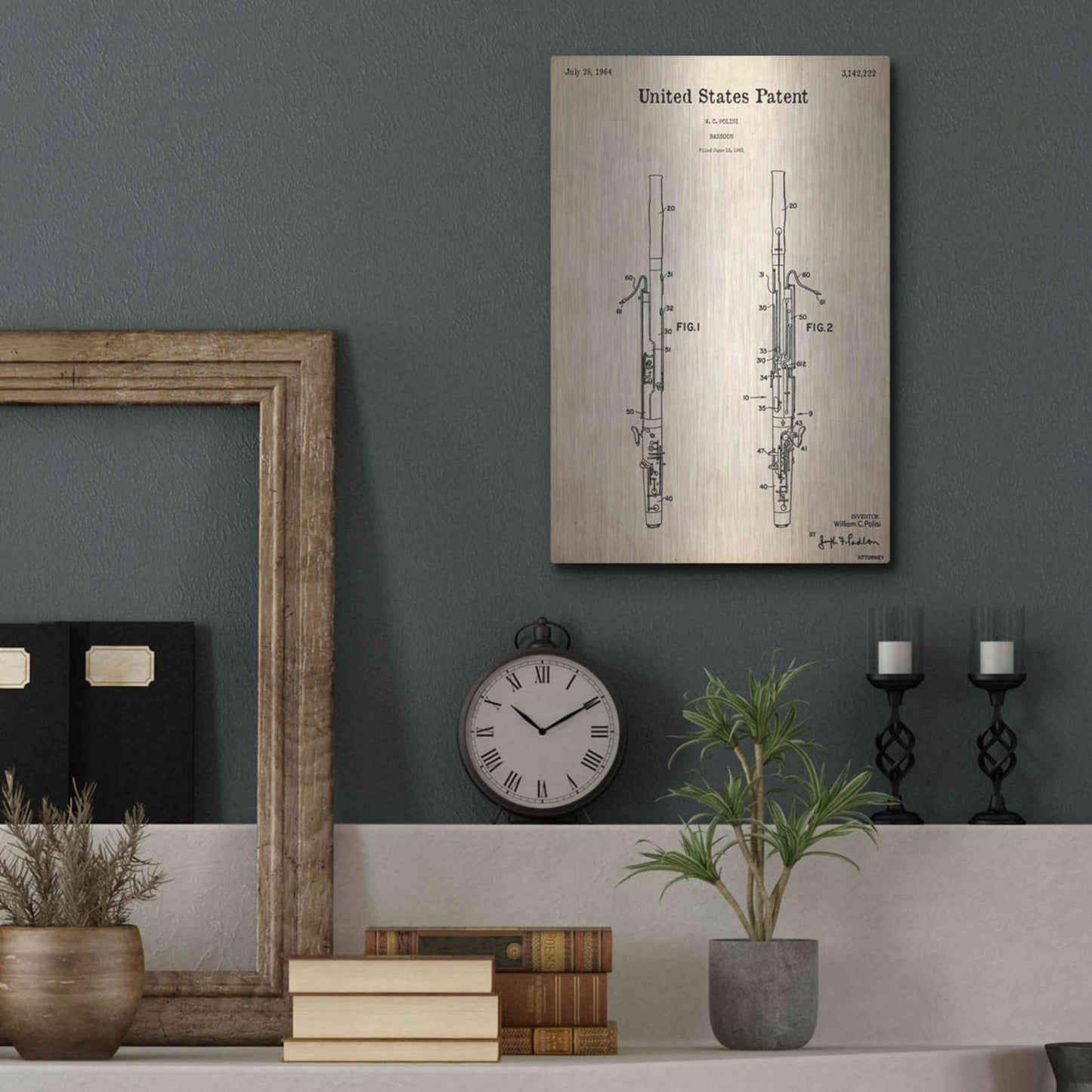 Luxe Metal Art 'Bassoon Blueprint Patent Parchment,' Metal Wall Art,12x16