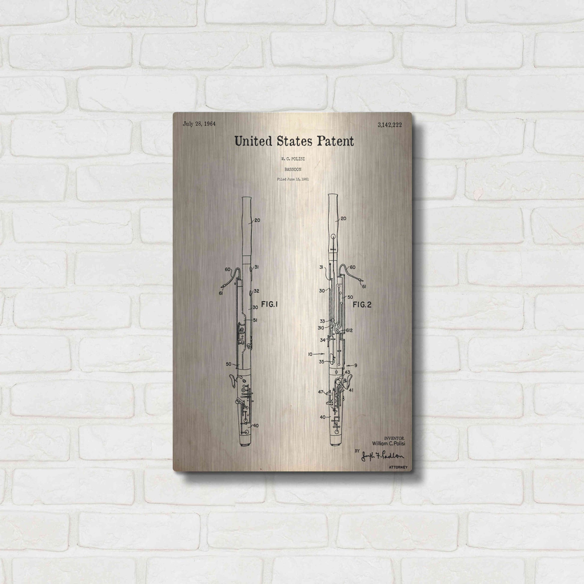 Luxe Metal Art 'Bassoon Blueprint Patent Parchment,' Metal Wall Art,16x24