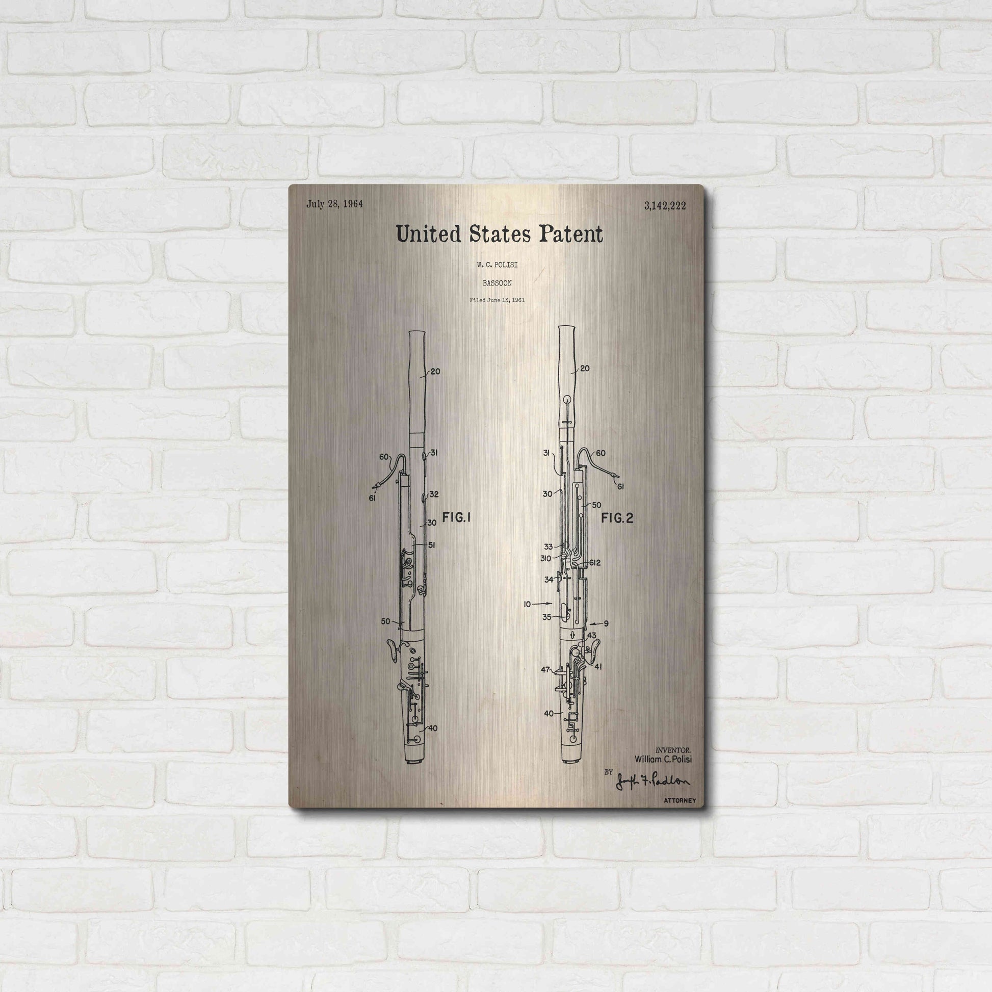 Luxe Metal Art 'Bassoon Blueprint Patent Parchment,' Metal Wall Art,24x36