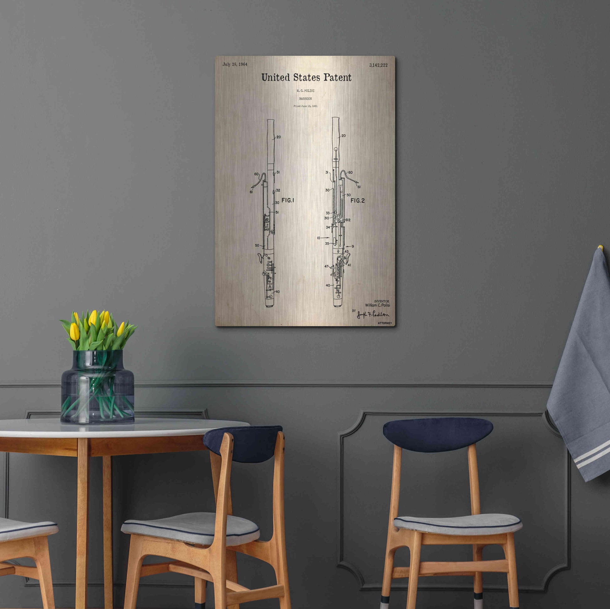 Luxe Metal Art 'Bassoon Blueprint Patent Parchment,' Metal Wall Art,24x36