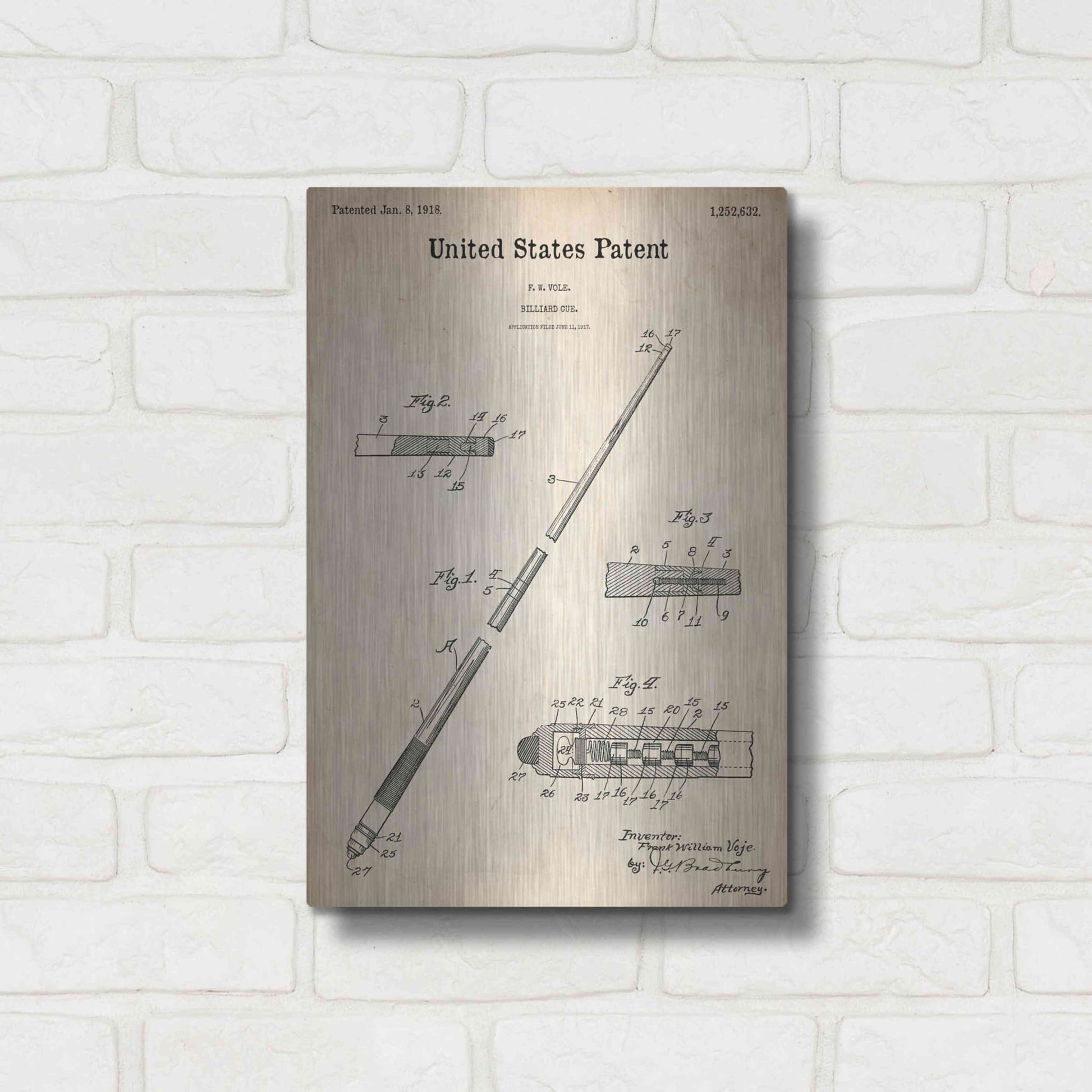 Luxe Metal Art 'Billard Cue Blueprint Patent Parchment,' Metal Wall Art,12x16