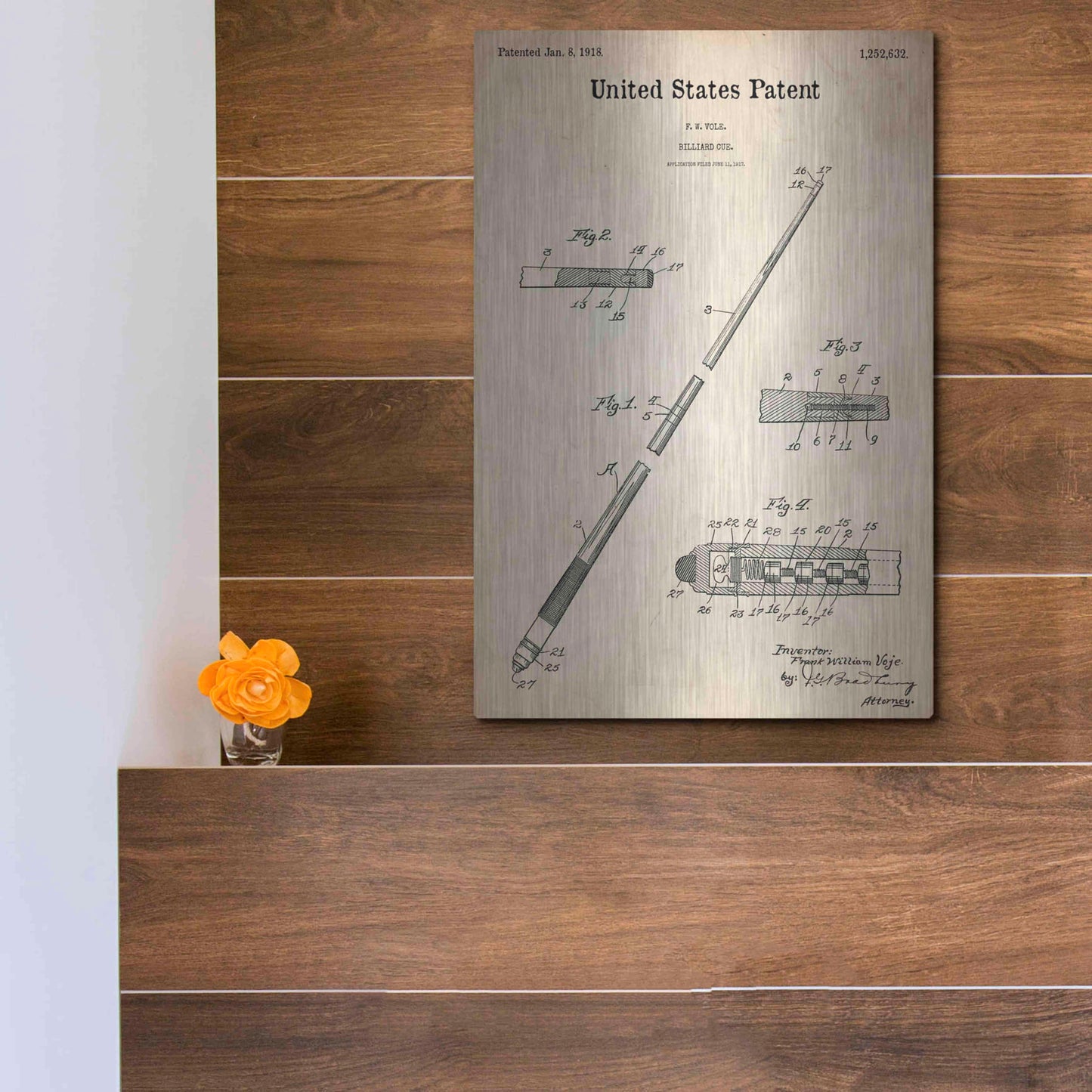 Luxe Metal Art 'Billard Cue Blueprint Patent Parchment,' Metal Wall Art,12x16