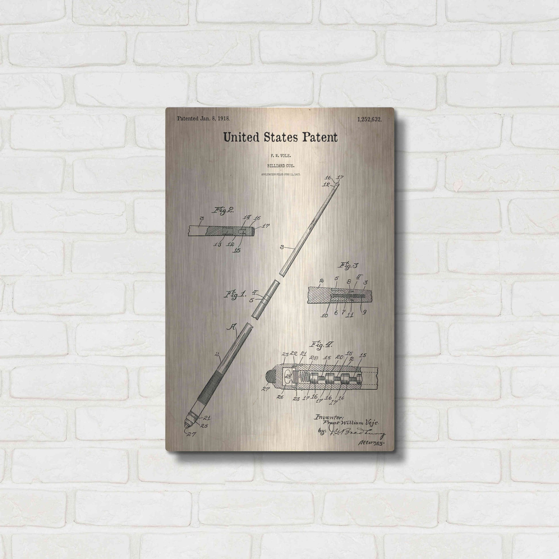 Luxe Metal Art 'Billard Cue Blueprint Patent Parchment,' Metal Wall Art,16x24