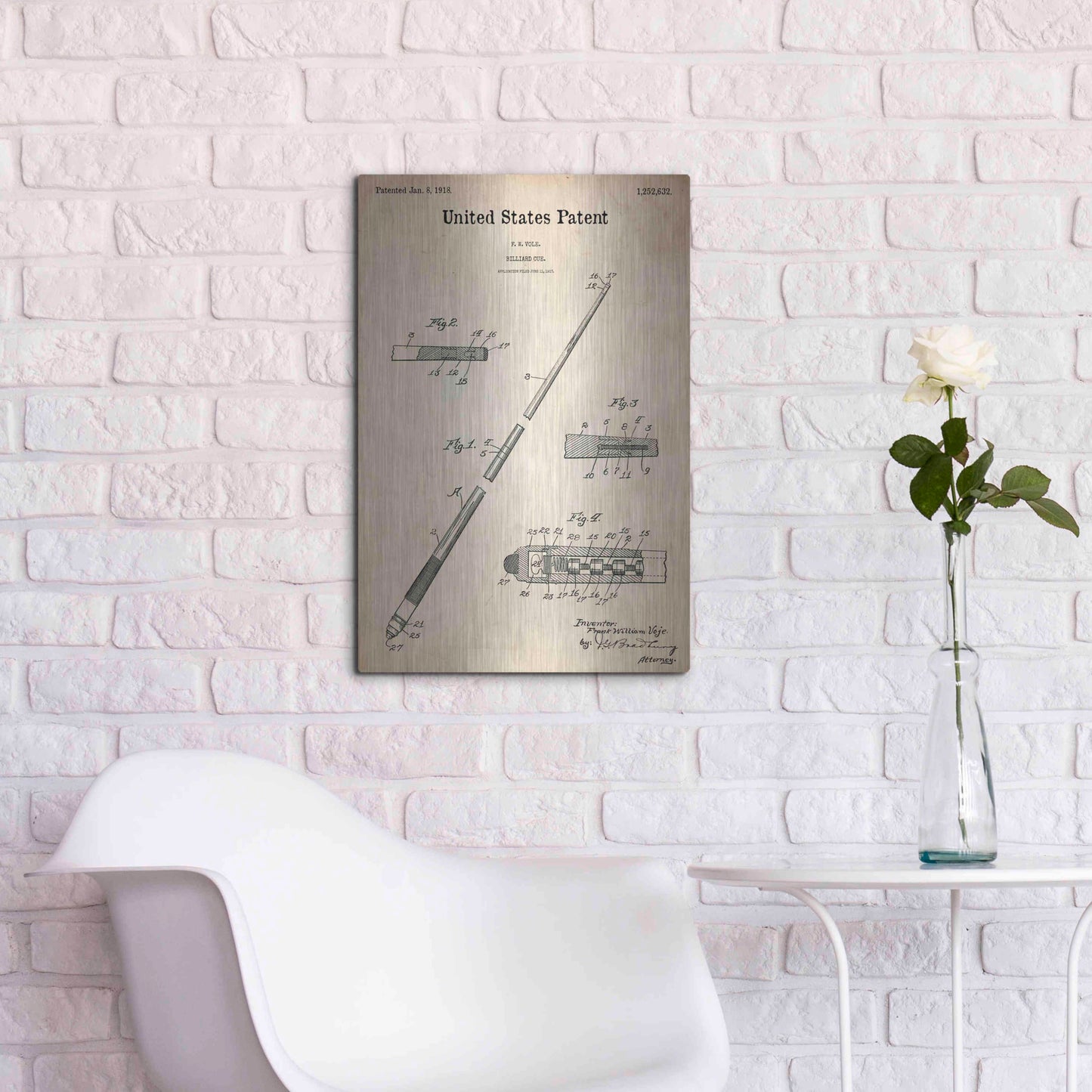 Luxe Metal Art 'Billard Cue Blueprint Patent Parchment,' Metal Wall Art,16x24