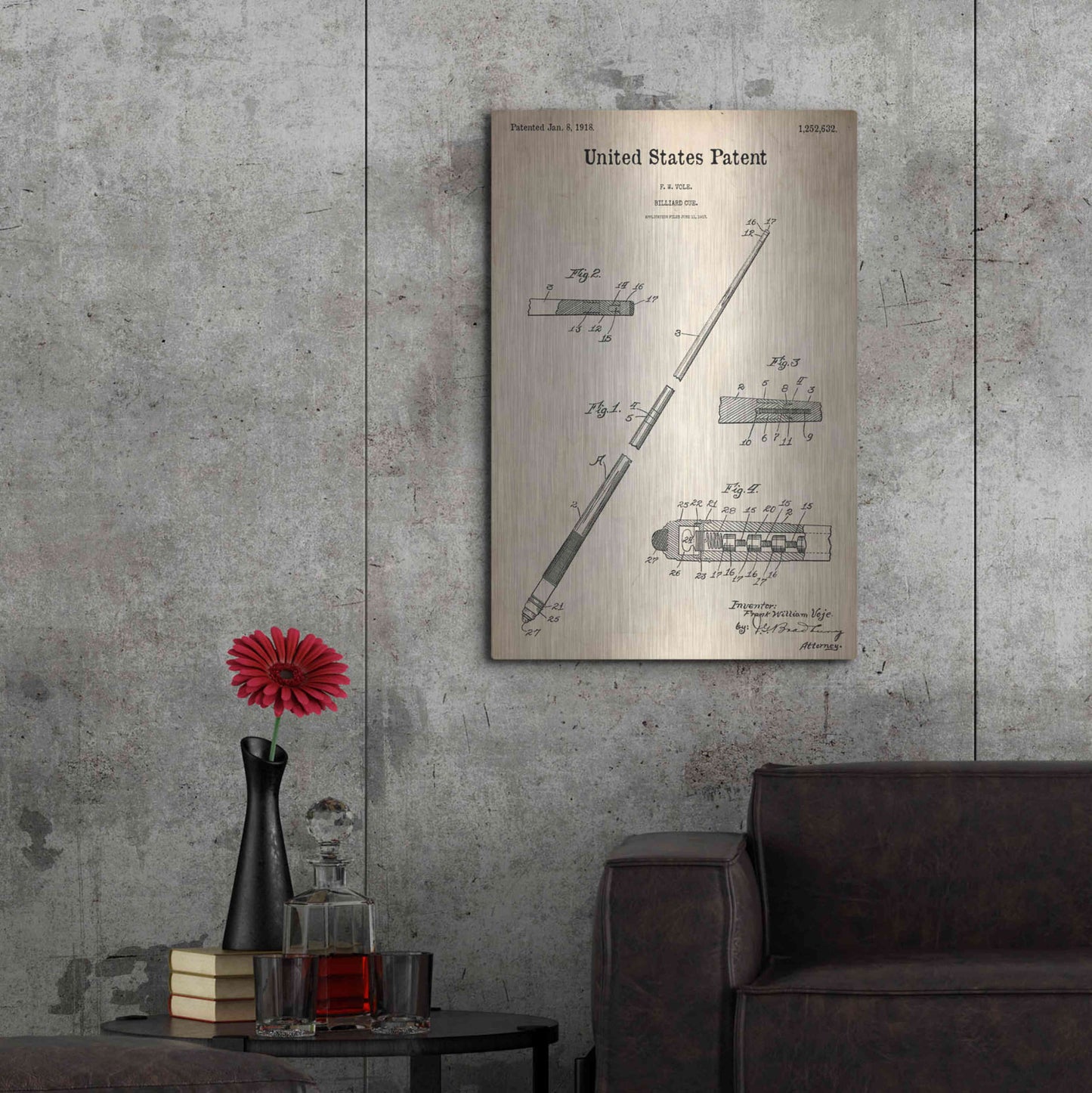 Luxe Metal Art 'Billard Cue Blueprint Patent Parchment,' Metal Wall Art,24x36