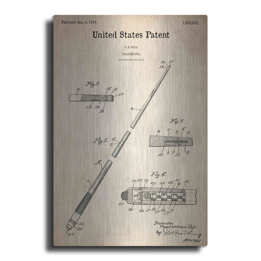 Luxe Metal Art 'Billard Cue Blueprint Patent Parchment,' Metal Wall Art