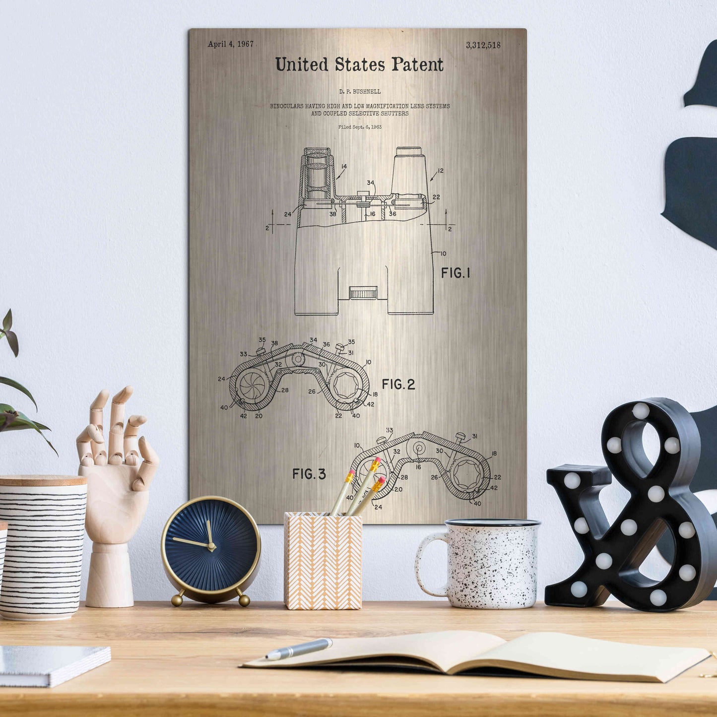 Luxe Metal Art 'Binoculars Blueprint Patent Parchment,' Metal Wall Art,12x16