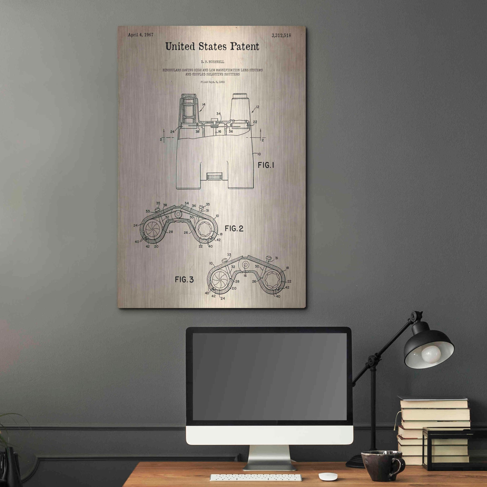 Luxe Metal Art 'Binoculars Blueprint Patent Parchment,' Metal Wall Art,24x36