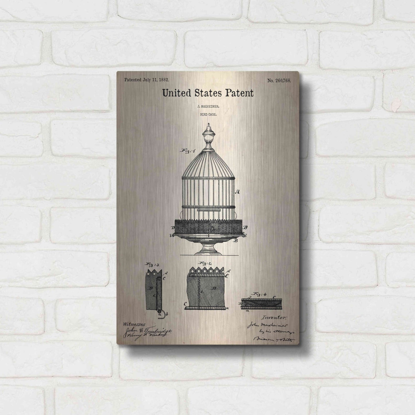 Luxe Metal Art 'Bird Cage Blueprint Patent Parchment,' Metal Wall Art,12x16