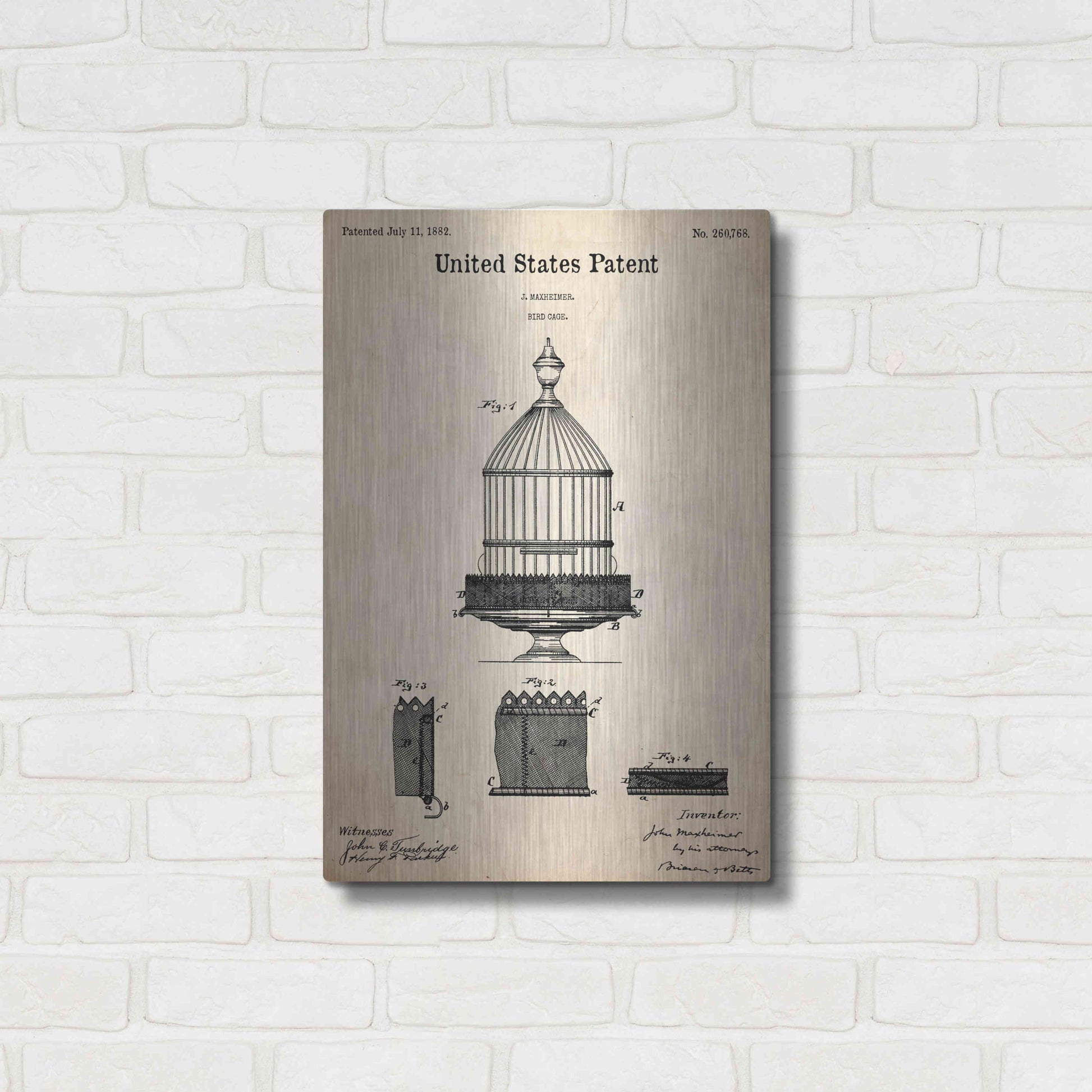 Luxe Metal Art 'Bird Cage Blueprint Patent Parchment,' Metal Wall Art,16x24