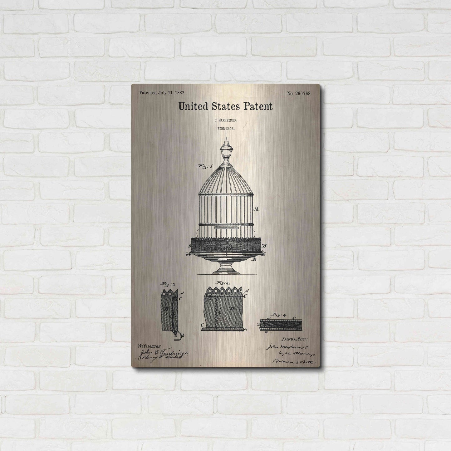 Luxe Metal Art 'Bird Cage Blueprint Patent Parchment,' Metal Wall Art,24x36