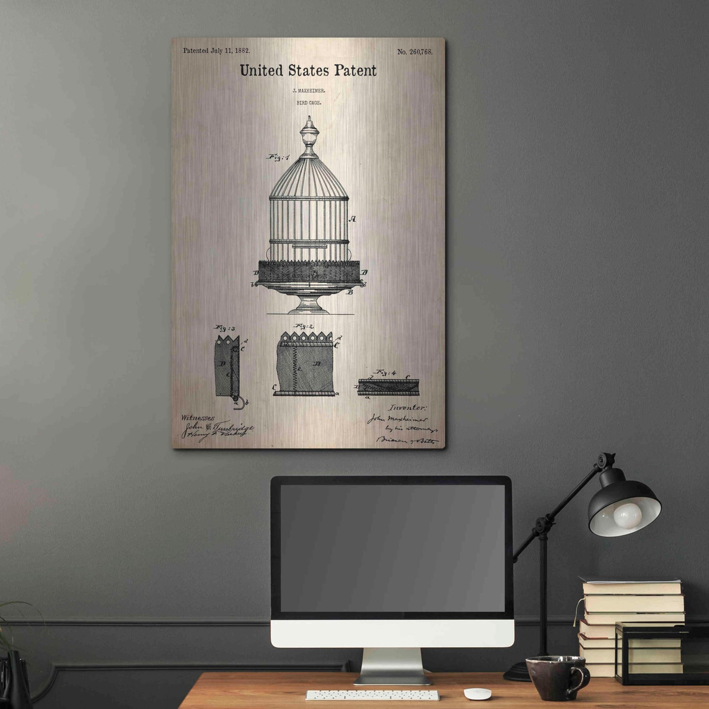 Luxe Metal Art 'Bird Cage Blueprint Patent Parchment,' Metal Wall Art,24x36