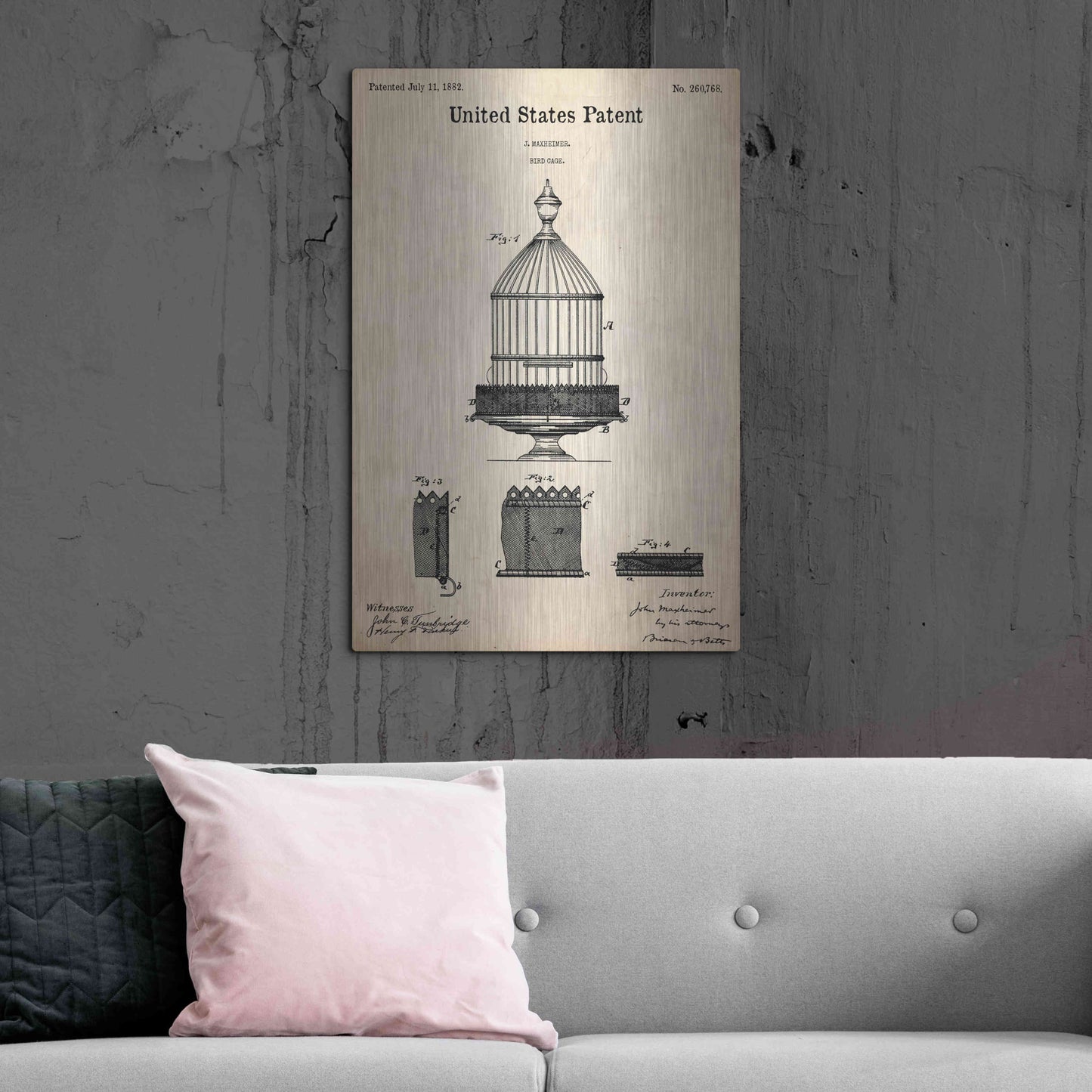 Luxe Metal Art 'Bird Cage Blueprint Patent Parchment,' Metal Wall Art,24x36