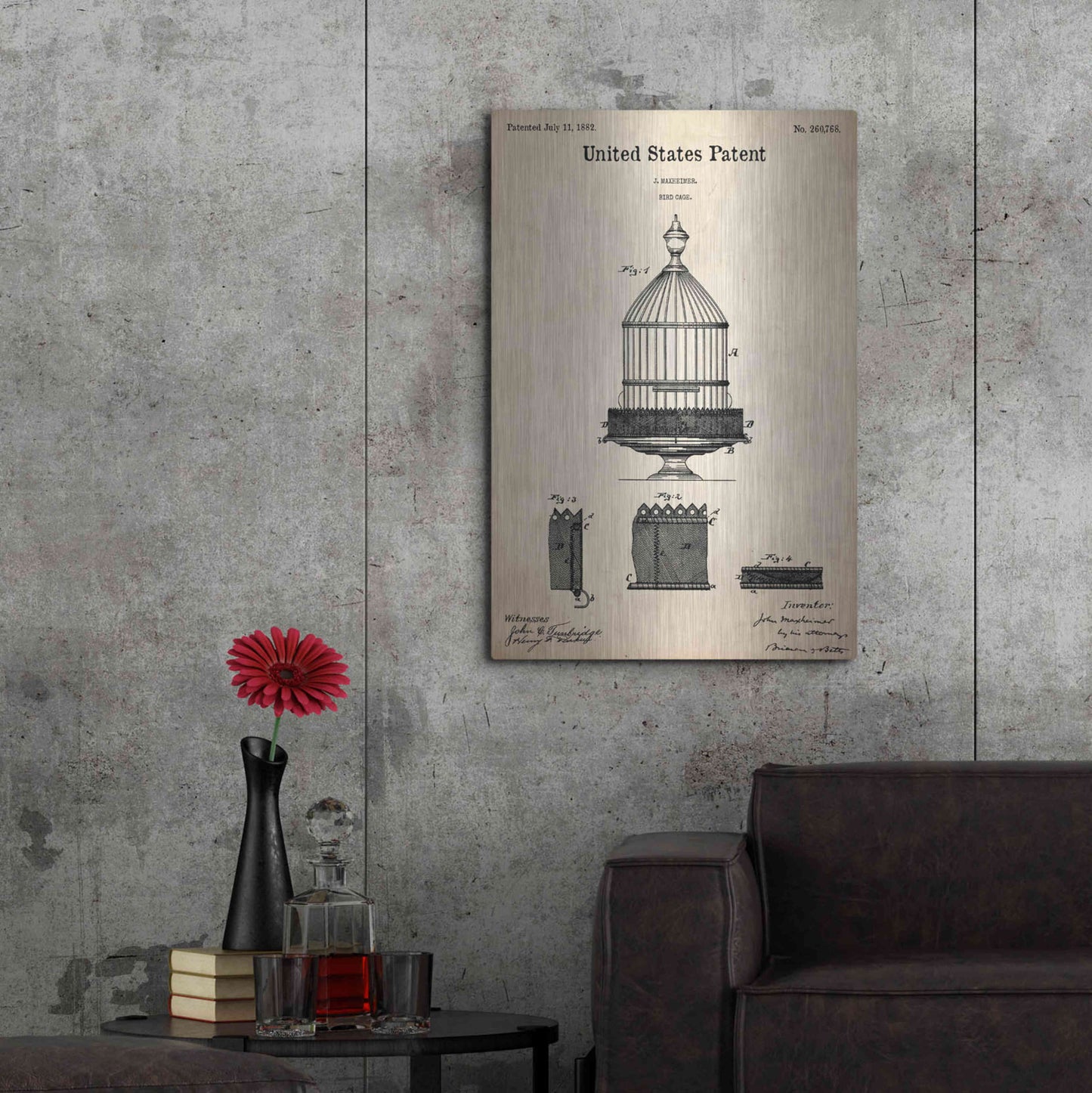 Luxe Metal Art 'Bird Cage Blueprint Patent Parchment,' Metal Wall Art,24x36