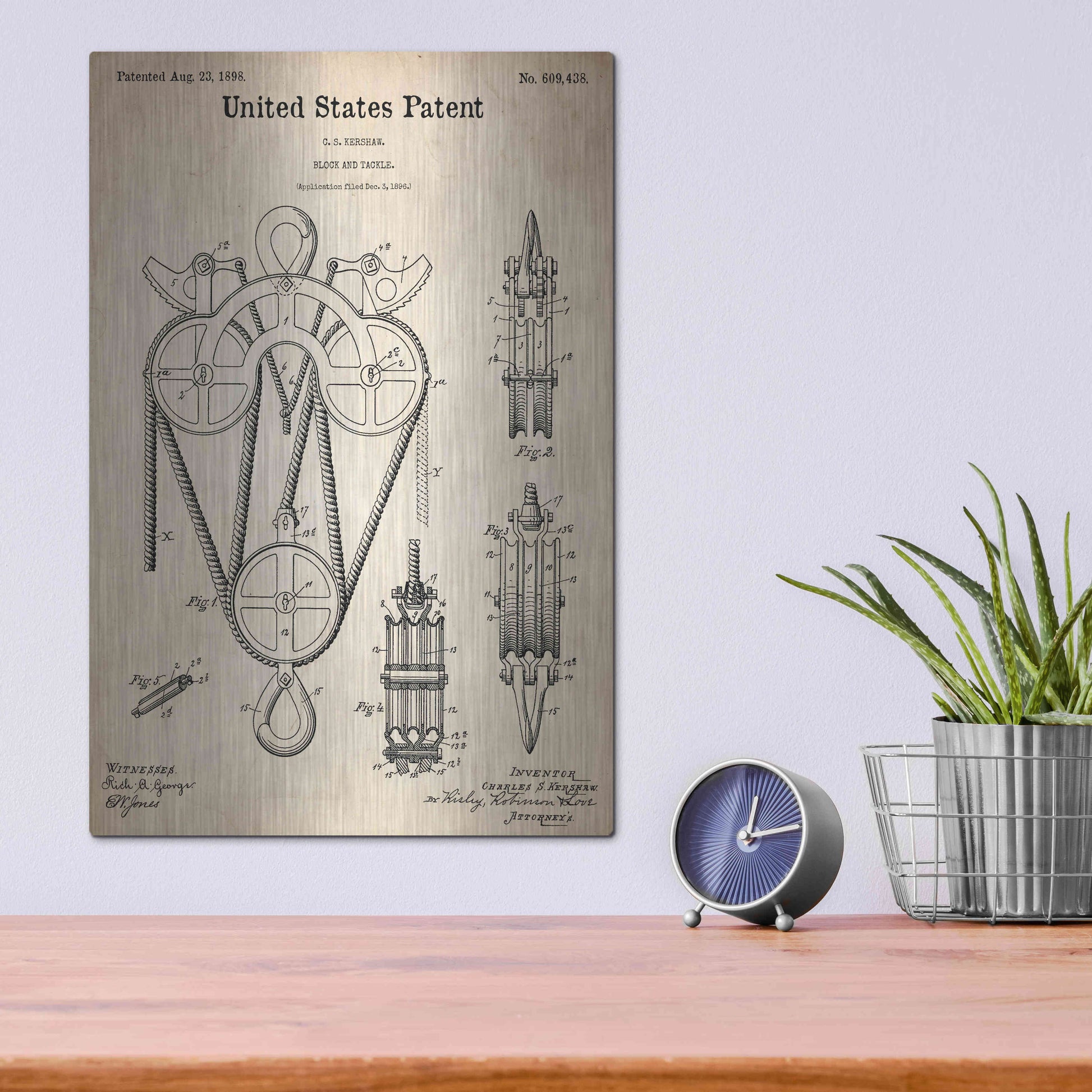 Luxe Metal Art 'Block and Tackle Blueprint Patent Parchment,' Metal Wall Art,12x16