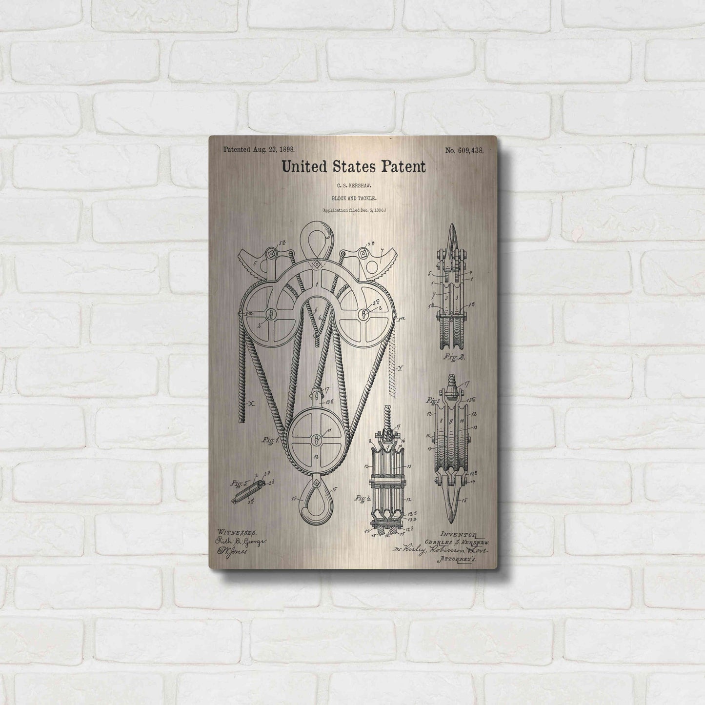 Luxe Metal Art 'Block and Tackle Blueprint Patent Parchment,' Metal Wall Art,16x24