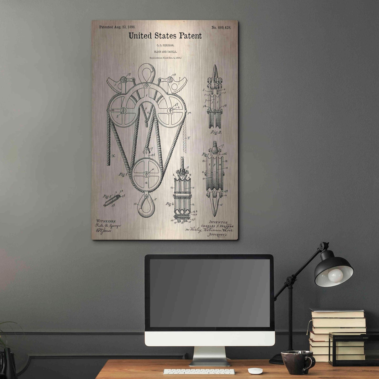 Luxe Metal Art 'Block and Tackle Blueprint Patent Parchment,' Metal Wall Art,24x36