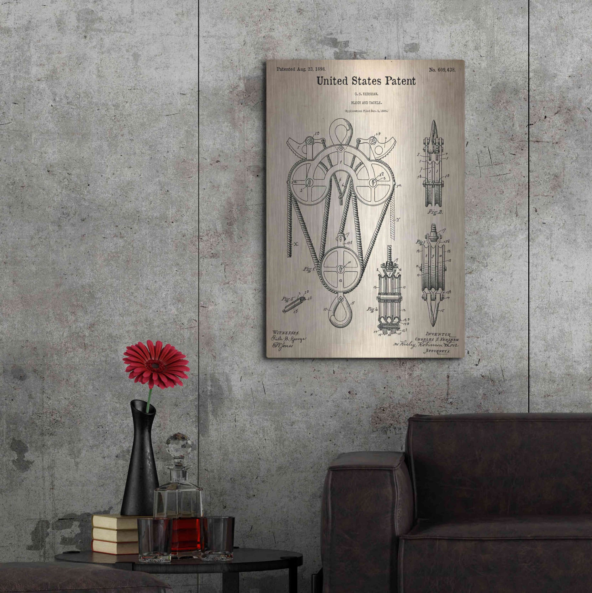 Luxe Metal Art 'Block and Tackle Blueprint Patent Parchment,' Metal Wall Art,24x36