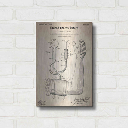 Luxe Metal Art 'Blood Pressure Pump Blueprint Patent Parchment,' Metal Wall Art,12x16