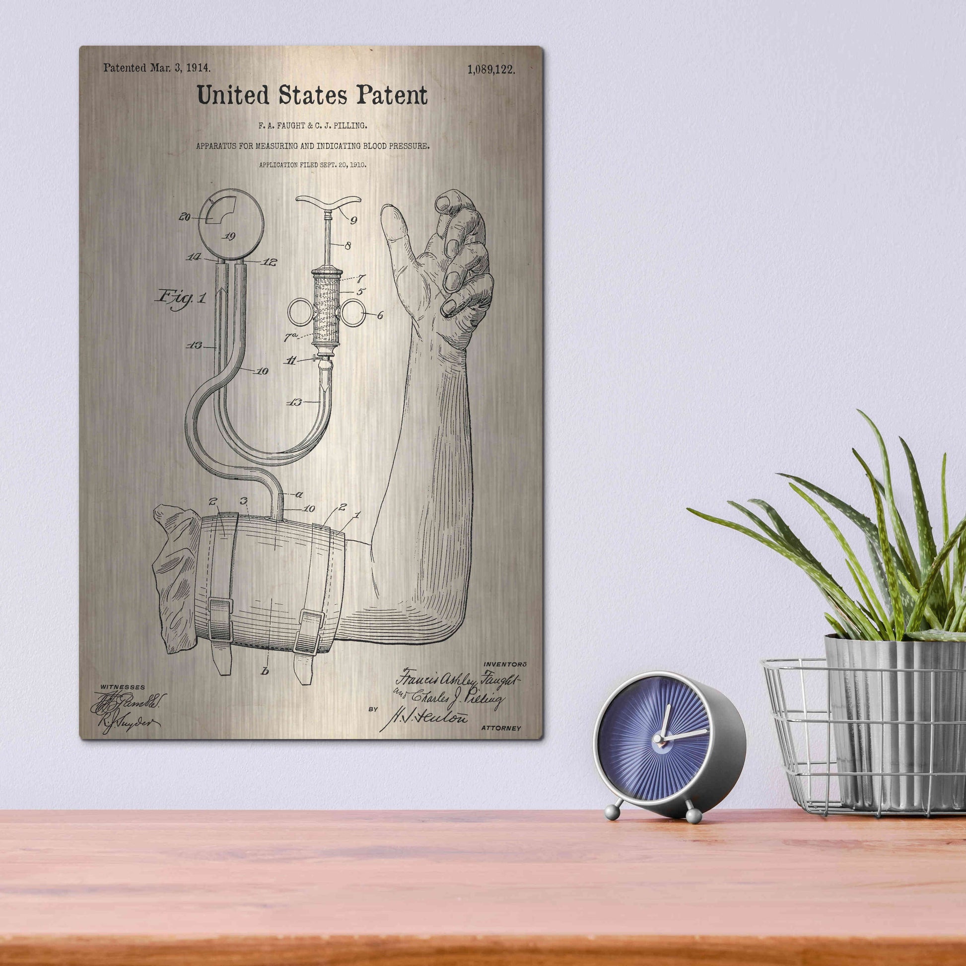 Luxe Metal Art 'Blood Pressure Pump Blueprint Patent Parchment,' Metal Wall Art,12x16