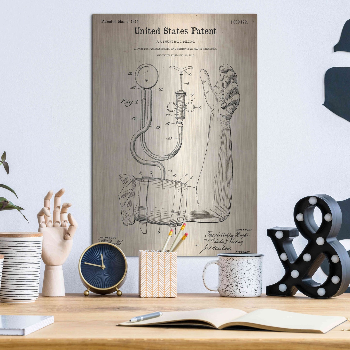 Luxe Metal Art 'Blood Pressure Pump Blueprint Patent Parchment,' Metal Wall Art,12x16