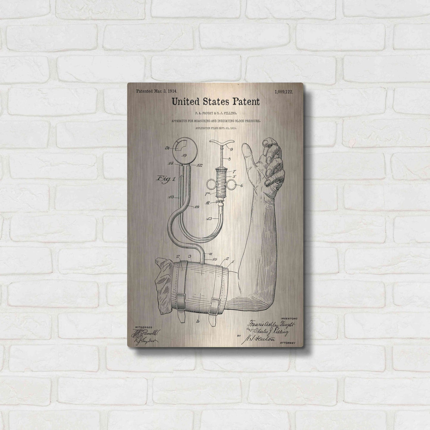 Luxe Metal Art 'Blood Pressure Pump Blueprint Patent Parchment,' Metal Wall Art,16x24