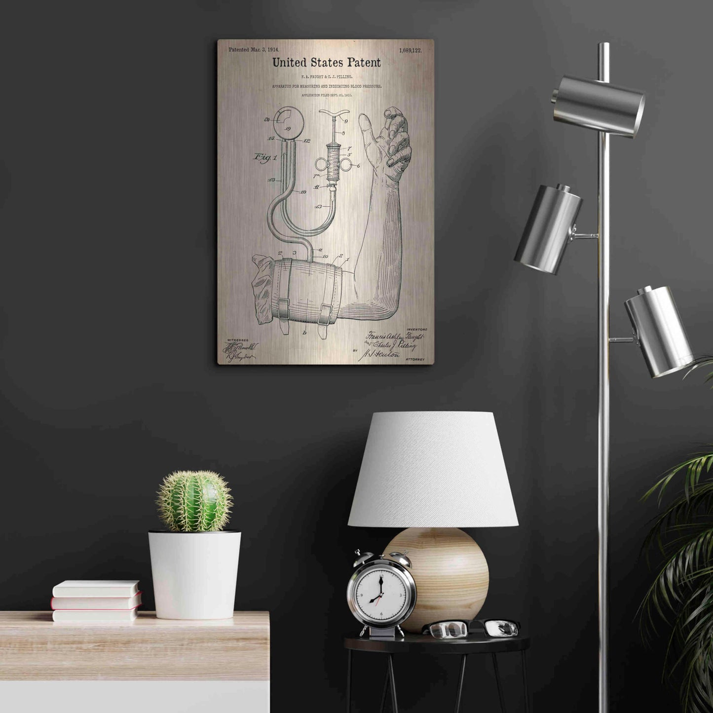 Luxe Metal Art 'Blood Pressure Pump Blueprint Patent Parchment,' Metal Wall Art,16x24