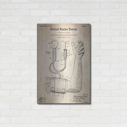 Luxe Metal Art 'Blood Pressure Pump Blueprint Patent Parchment,' Metal Wall Art,24x36