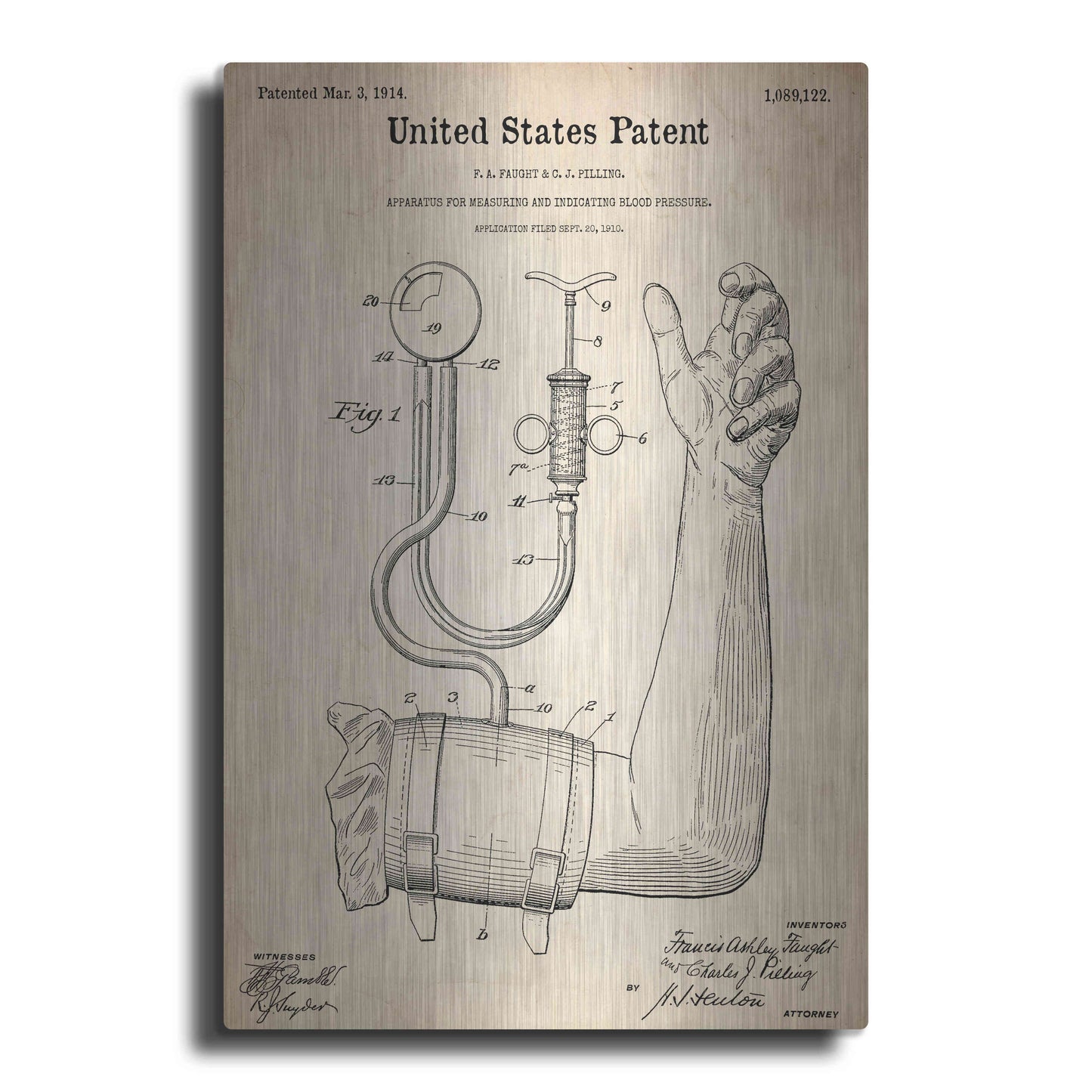 Luxe Metal Art 'Blood Pressure Pump Blueprint Patent Parchment,' Metal Wall Art