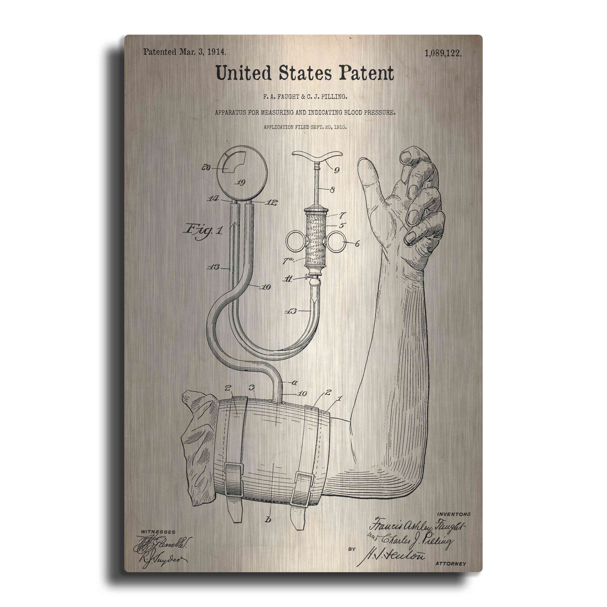 Luxe Metal Art 'Blood Pressure Pump Blueprint Patent Parchment,' Metal Wall Art