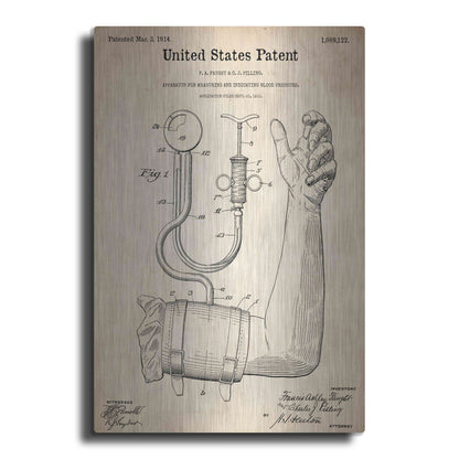 Luxe Metal Art 'Blood Pressure Pump Blueprint Patent Parchment,' Metal Wall Art