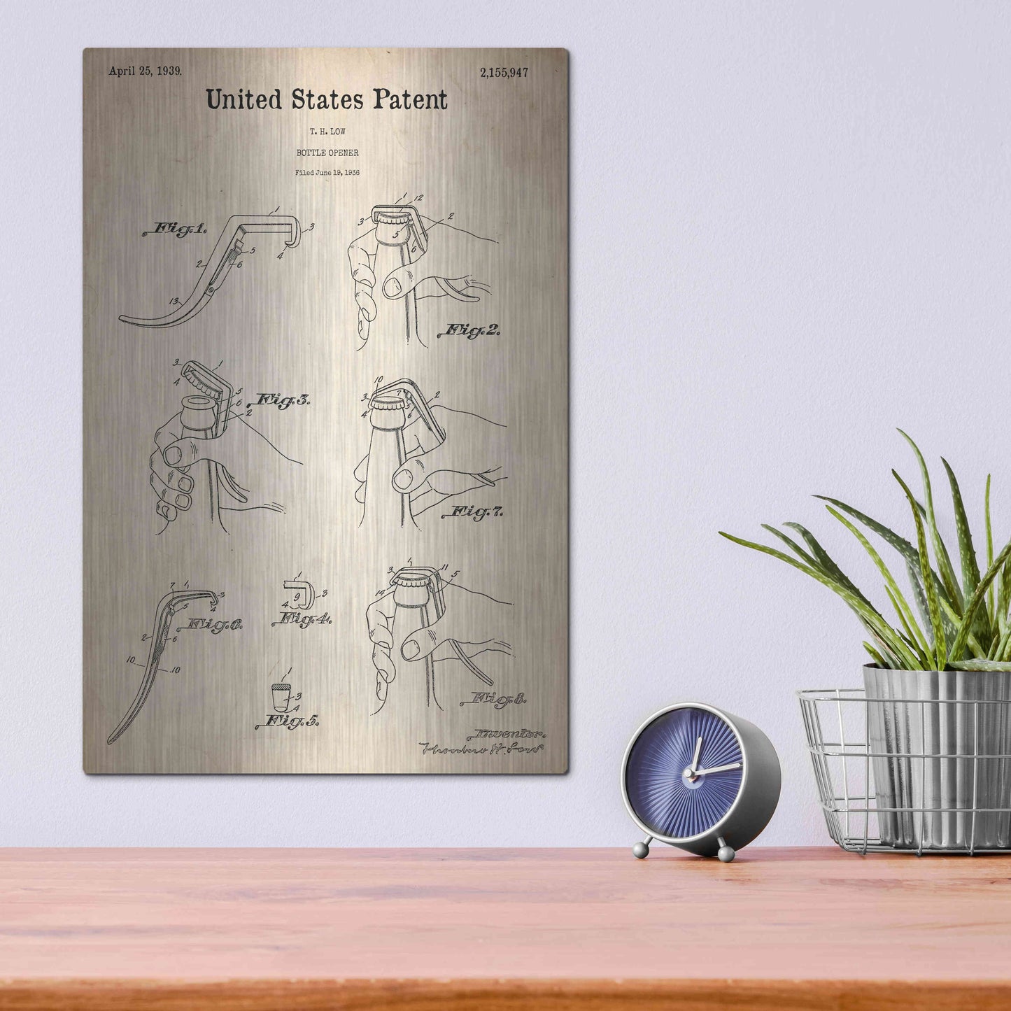 Luxe Metal Art 'Bottle Opener Blueprint Patent Parchment,' Metal Wall Art,12x16