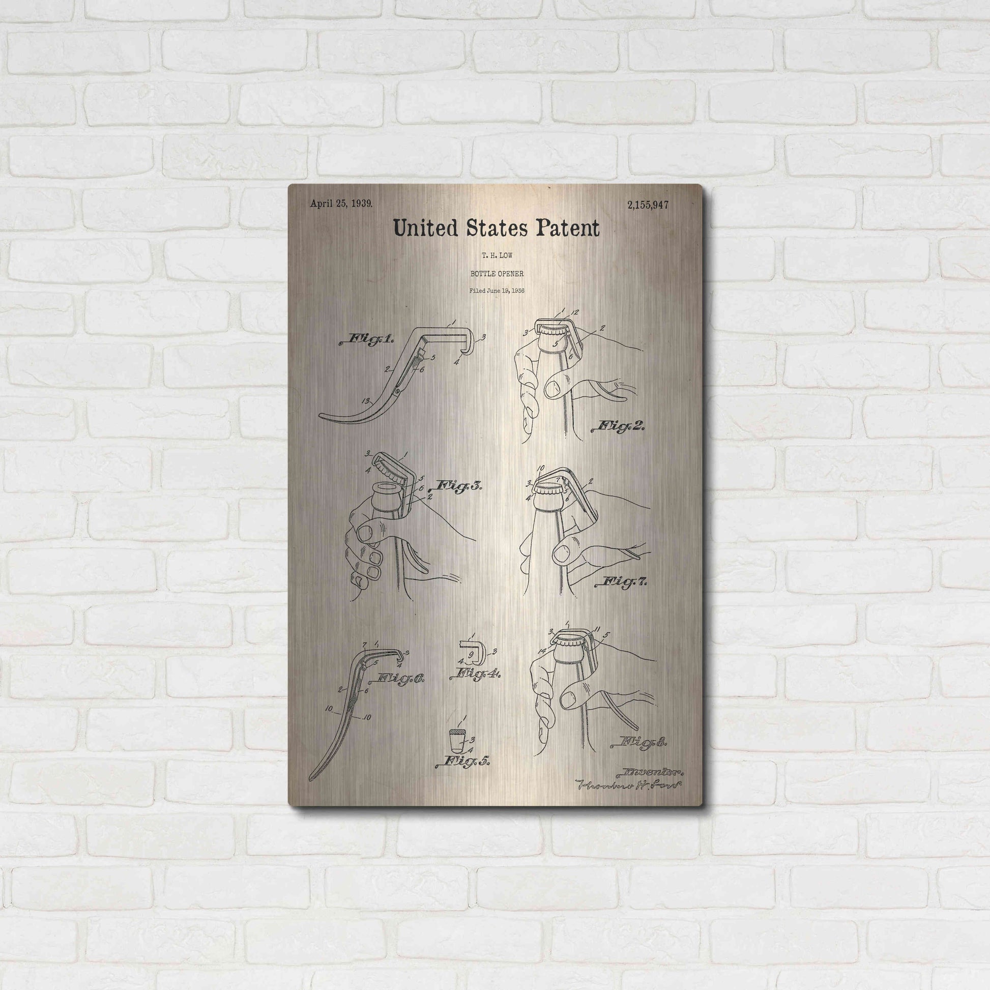 Luxe Metal Art 'Bottle Opener Blueprint Patent Parchment,' Metal Wall Art,24x36