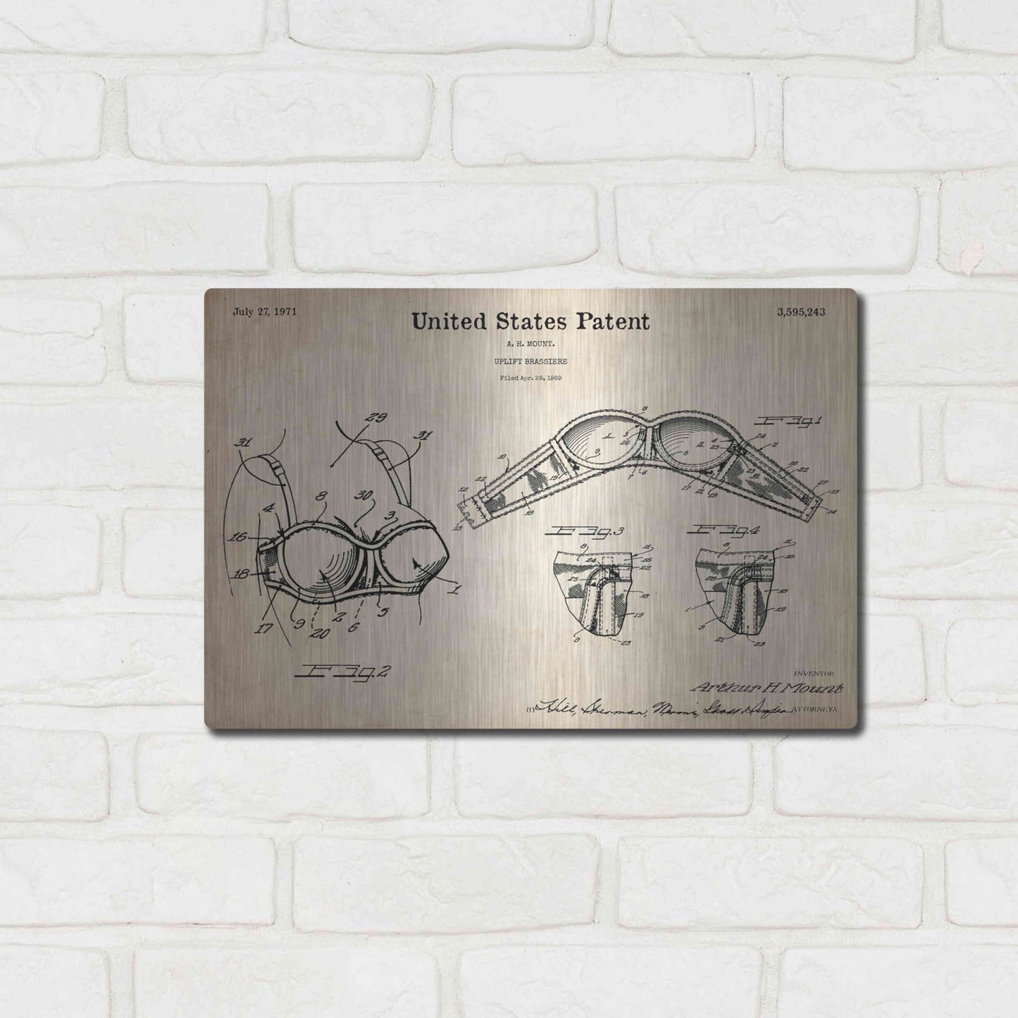 Luxe Metal Art 'Push-up Bra Blueprint Patent Parchment,' Metal Wall Art,16x12