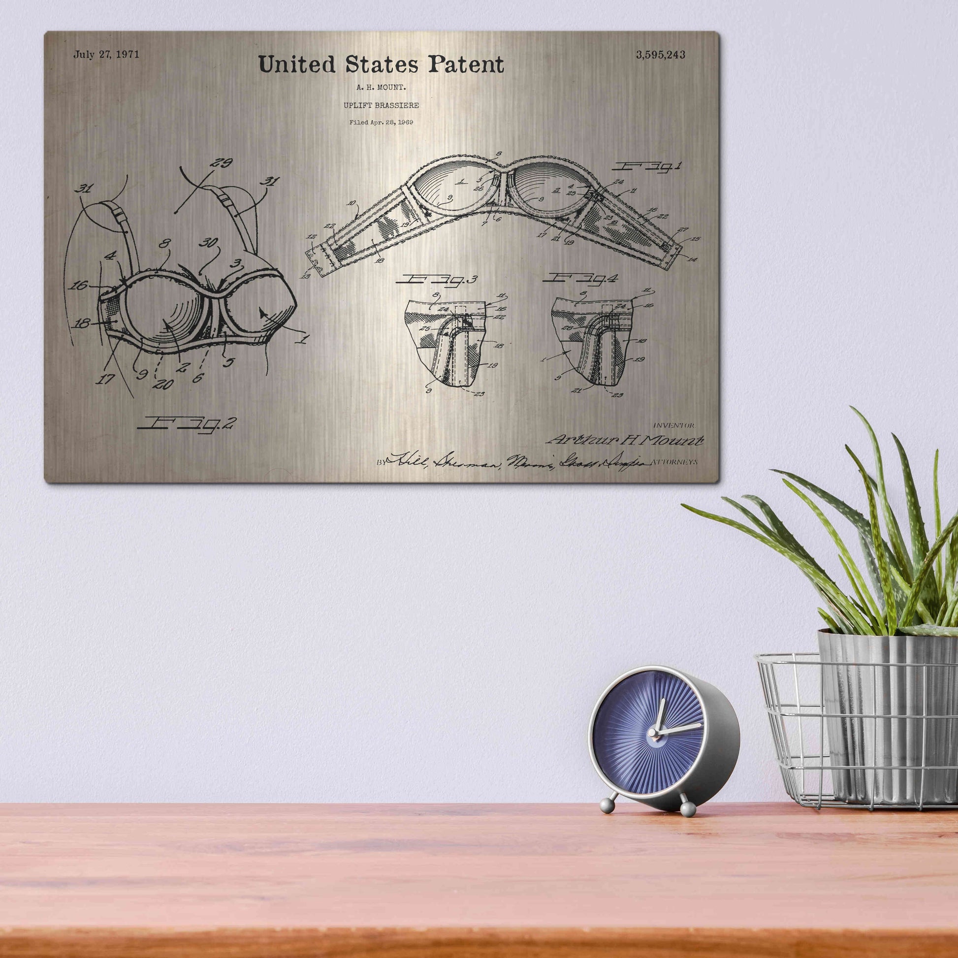 Luxe Metal Art 'Push-up Bra Blueprint Patent Parchment,' Metal Wall Art,16x12