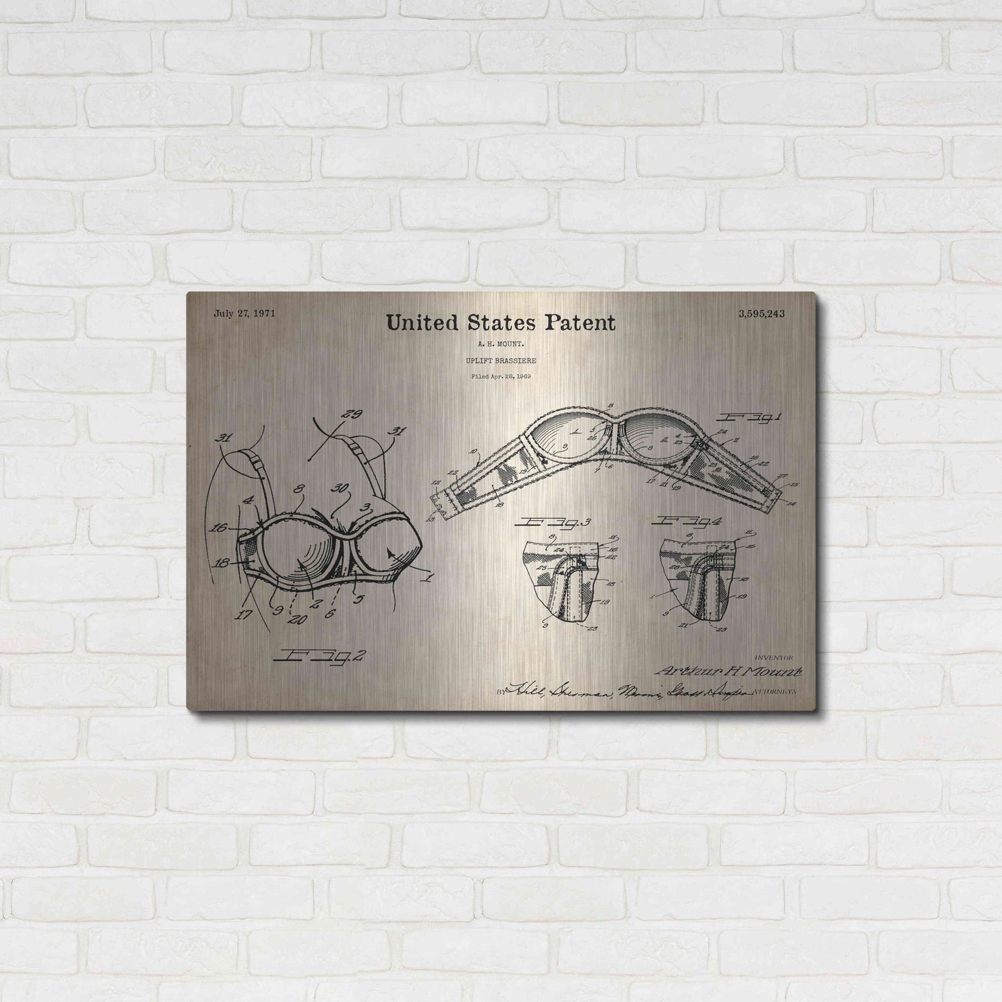 Luxe Metal Art 'Push-up Bra Blueprint Patent Parchment,' Metal Wall Art,36x24