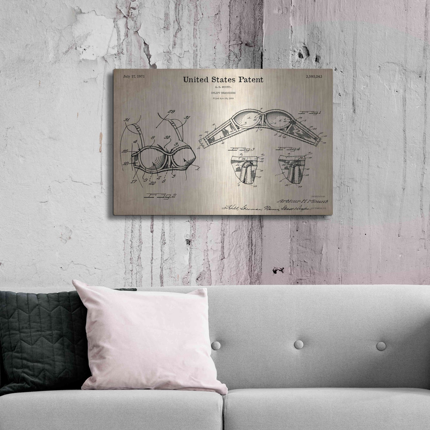 Luxe Metal Art 'Push-up Bra Blueprint Patent Parchment,' Metal Wall Art,36x24