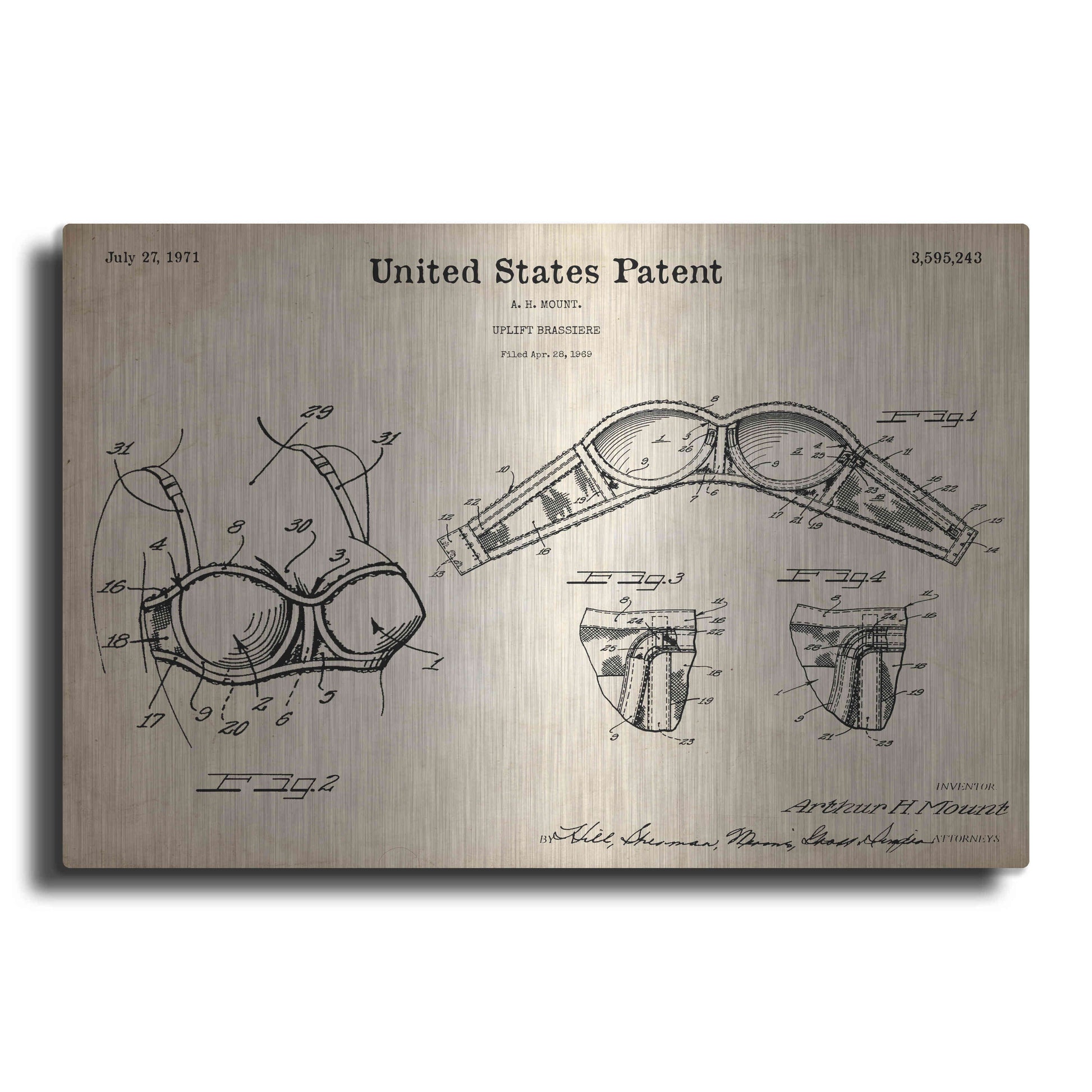 Luxe Metal Art 'Push-up Bra Blueprint Patent Parchment,' Metal Wall Art