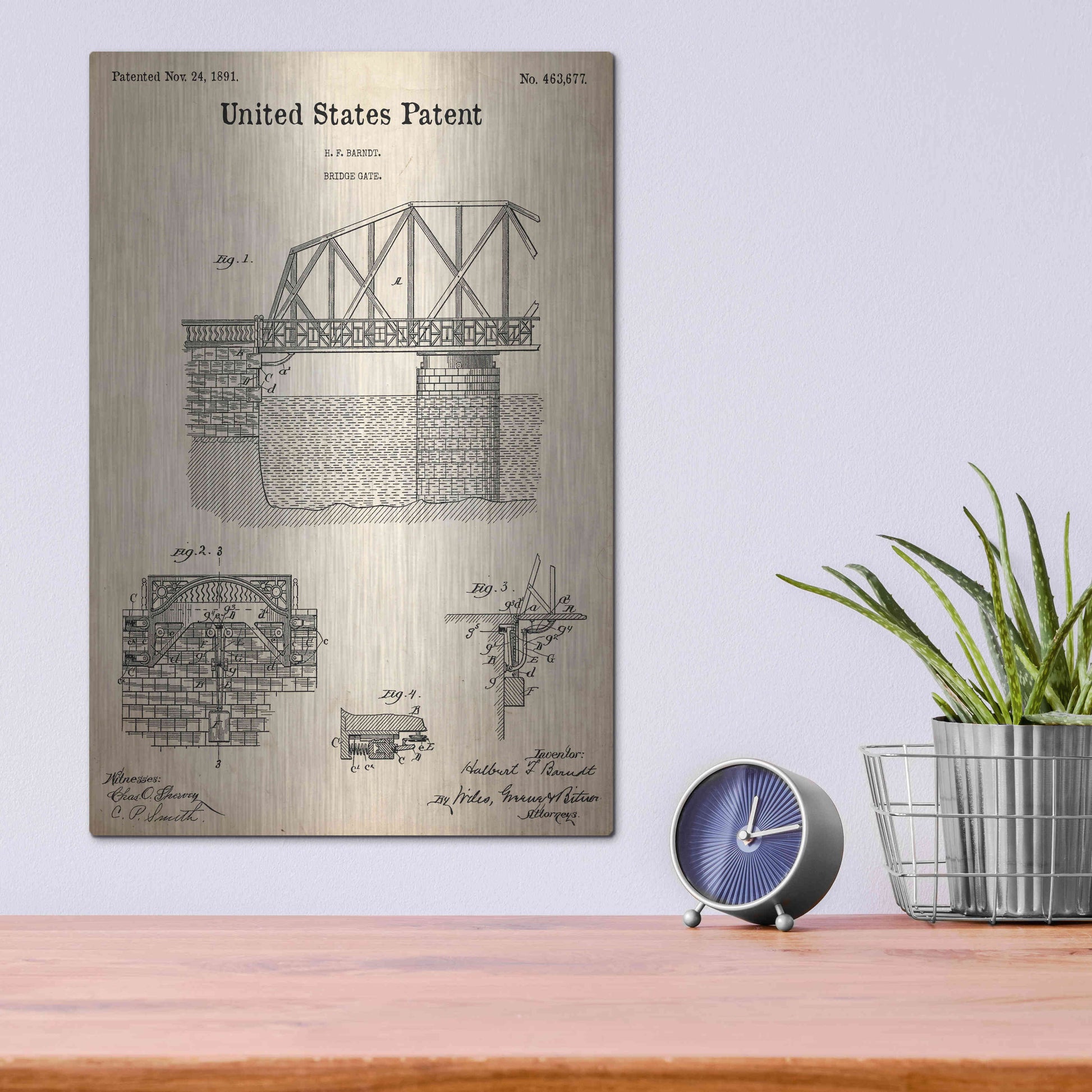 Luxe Metal Art 'Bridge Gate Blueprint Patent Parchment,' Metal Wall Art,12x16