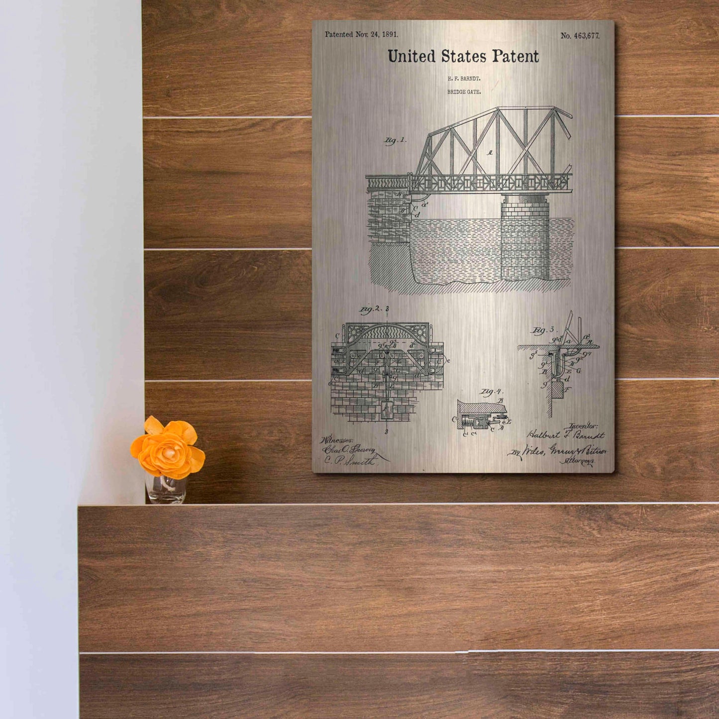 Luxe Metal Art 'Bridge Gate Blueprint Patent Parchment,' Metal Wall Art,12x16