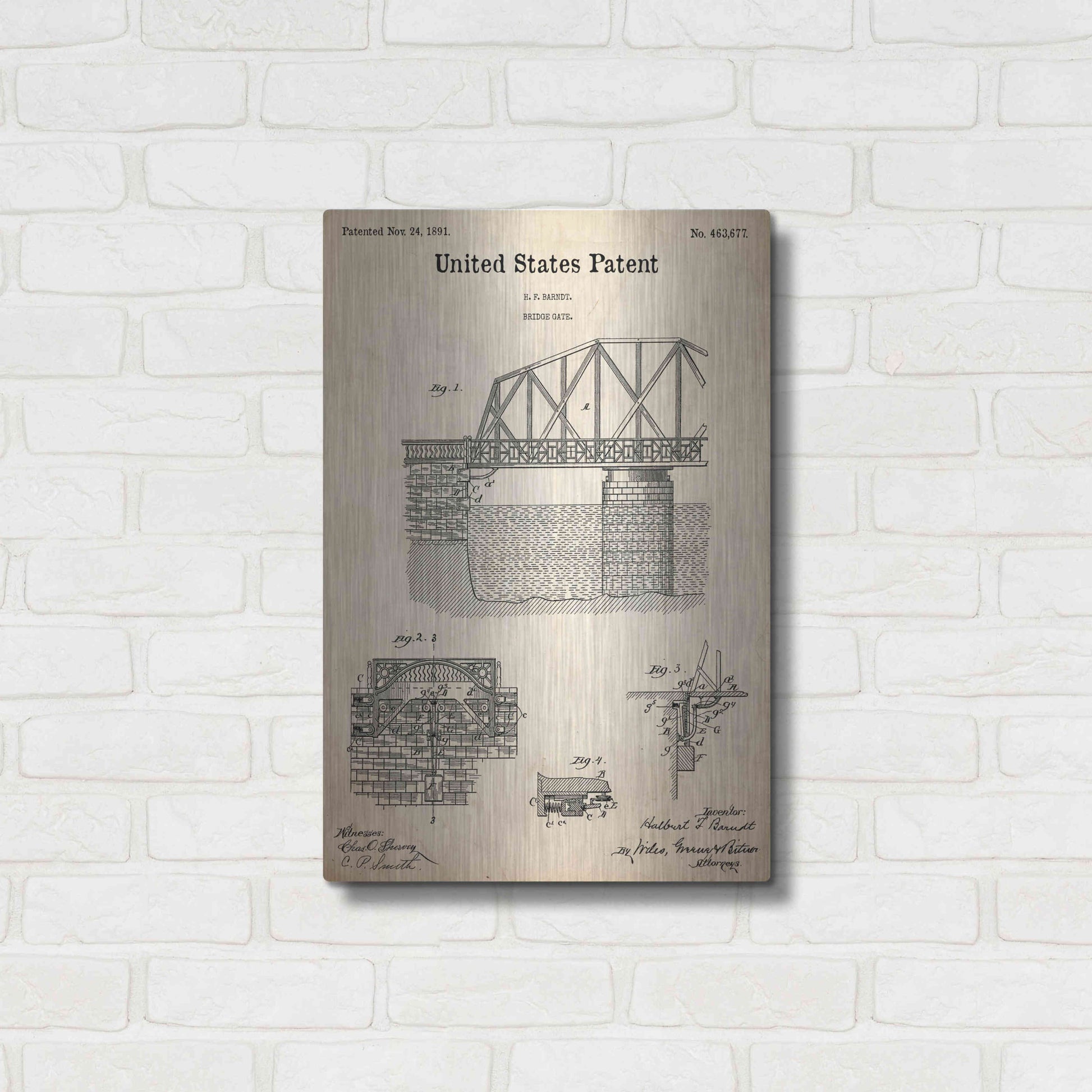 Luxe Metal Art 'Bridge Gate Blueprint Patent Parchment,' Metal Wall Art,16x24