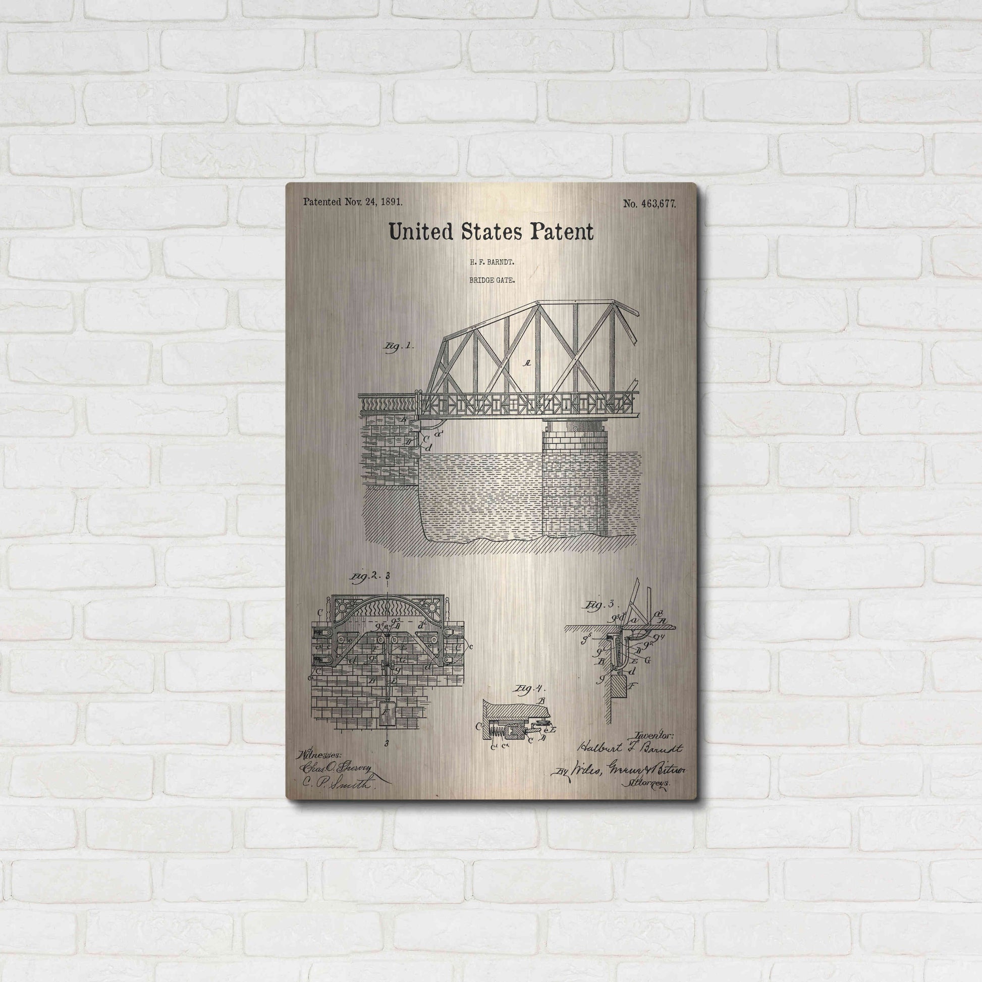 Luxe Metal Art 'Bridge Gate Blueprint Patent Parchment,' Metal Wall Art,24x36