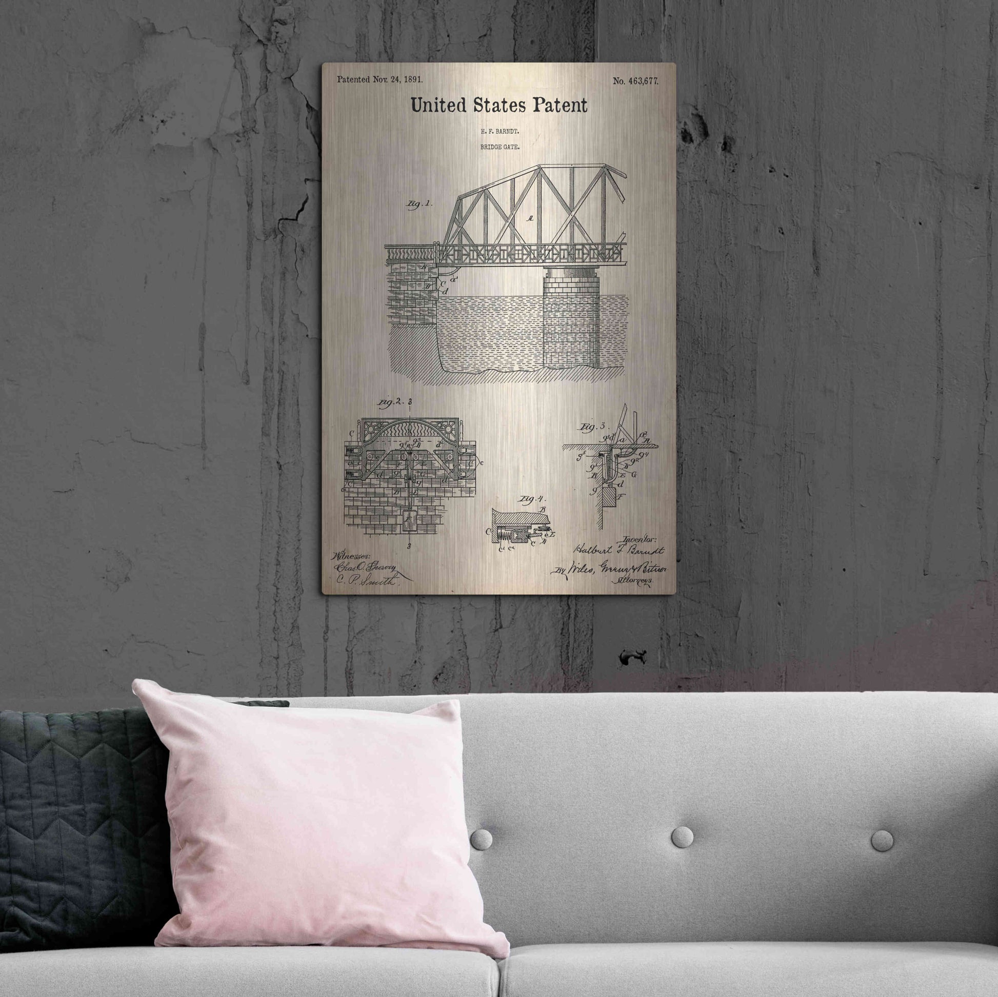 Luxe Metal Art 'Bridge Gate Blueprint Patent Parchment,' Metal Wall Art,24x36