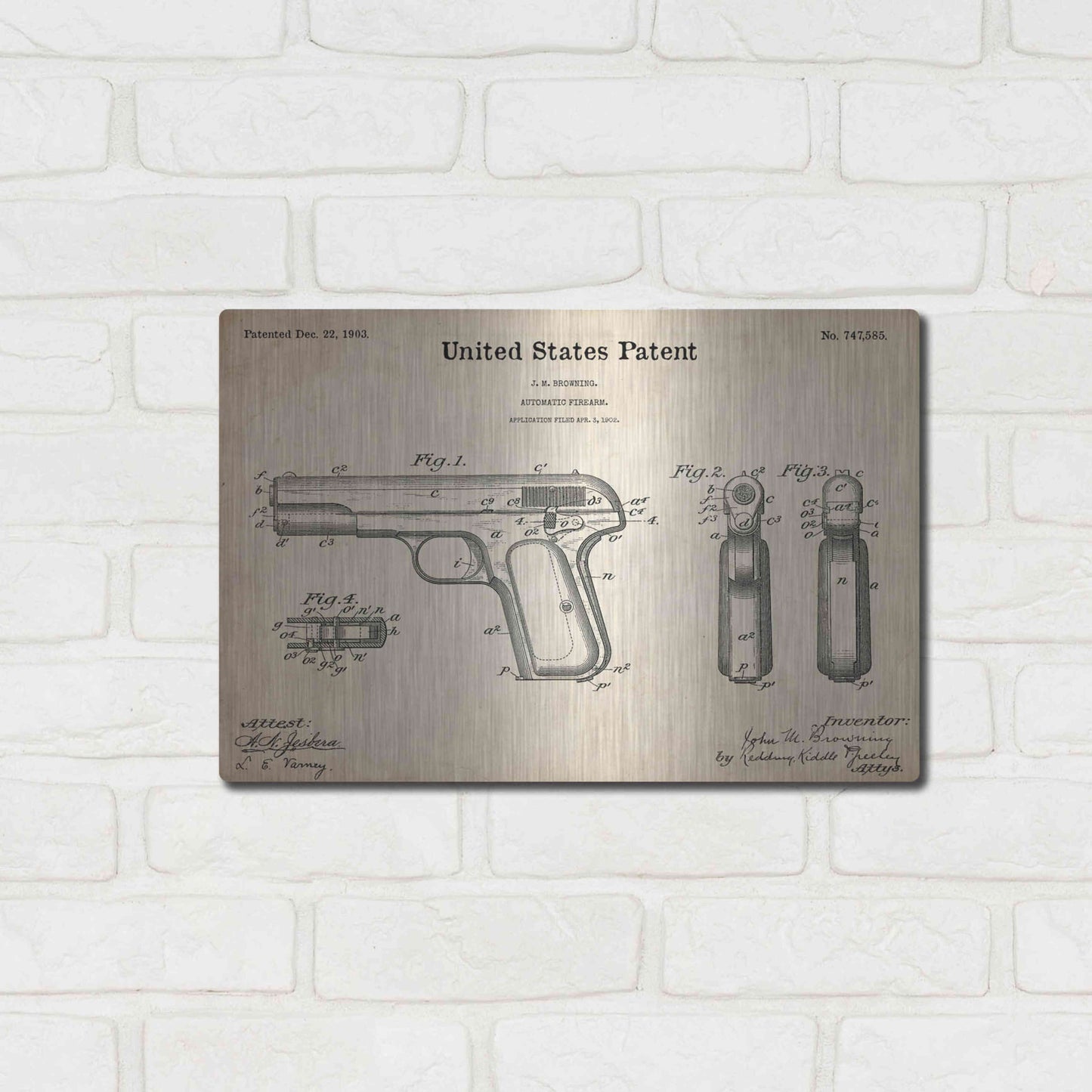 Luxe Metal Art 'Pistol Blueprint Patent Parchment,' Metal Wall Art,16x12