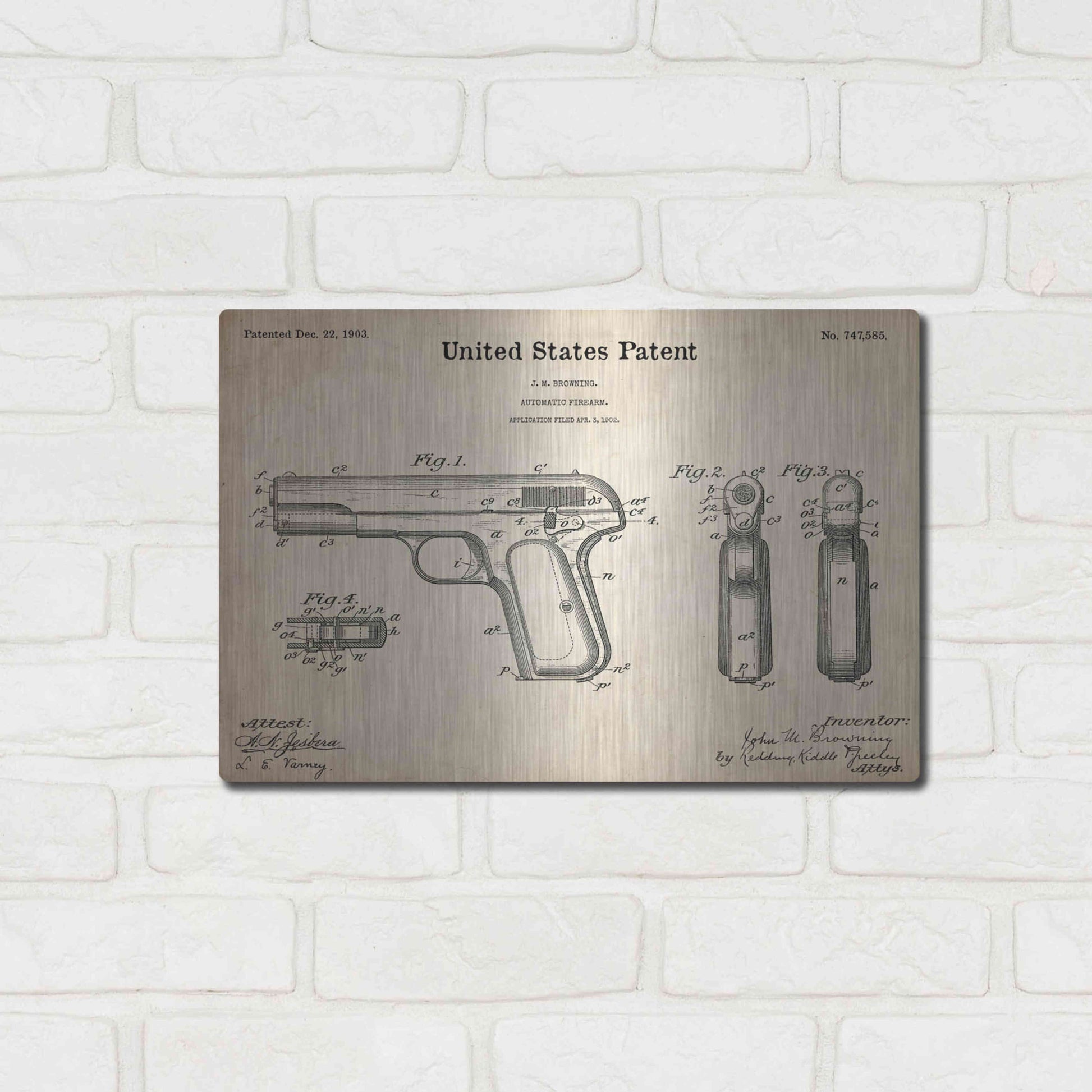 Luxe Metal Art 'Pistol Blueprint Patent Parchment,' Metal Wall Art,16x12