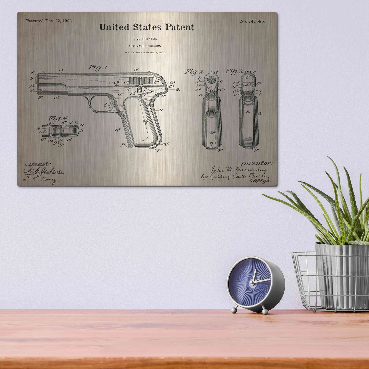 Luxe Metal Art 'Pistol Blueprint Patent Parchment,' Metal Wall Art,16x12