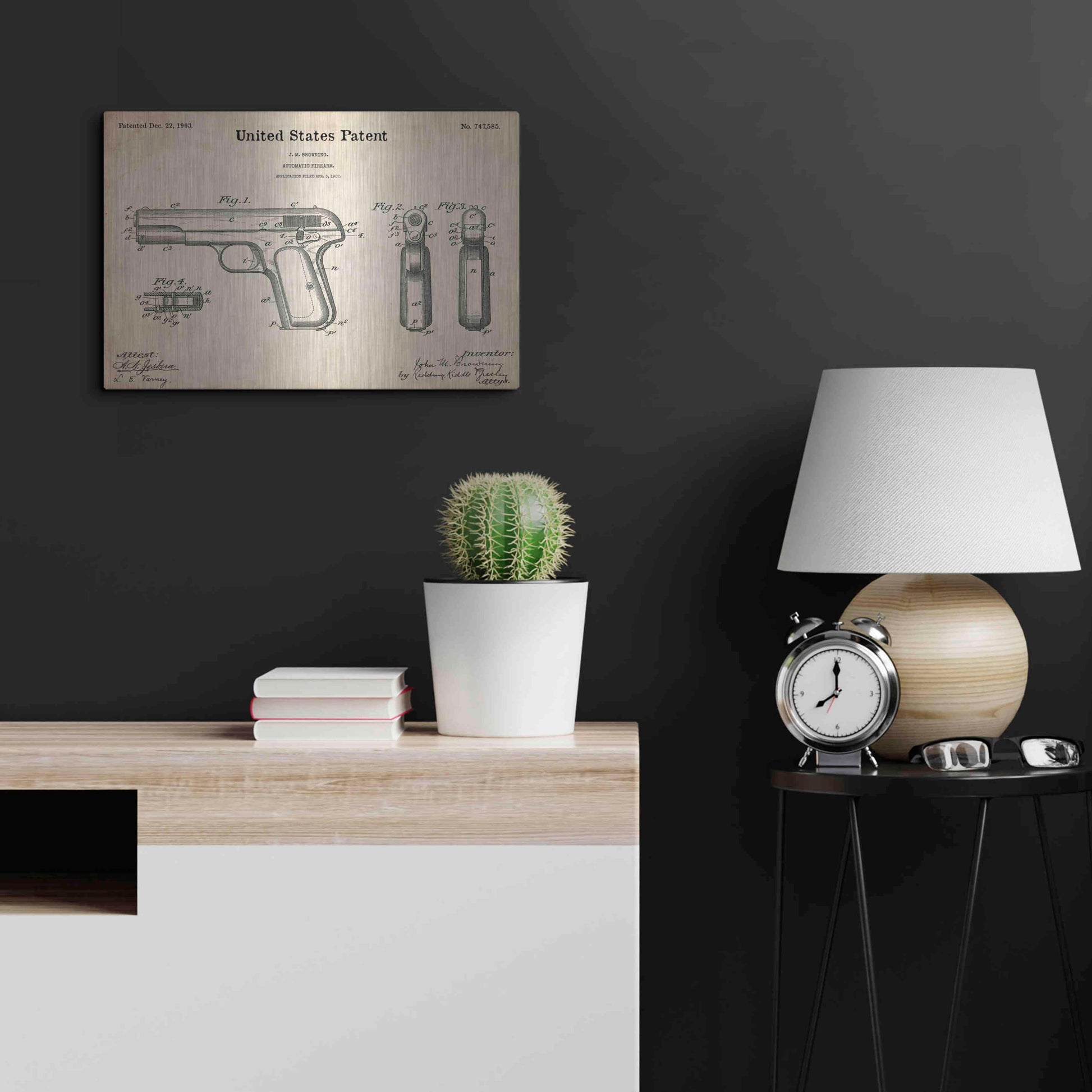 Luxe Metal Art 'Pistol Blueprint Patent Parchment,' Metal Wall Art,24x16